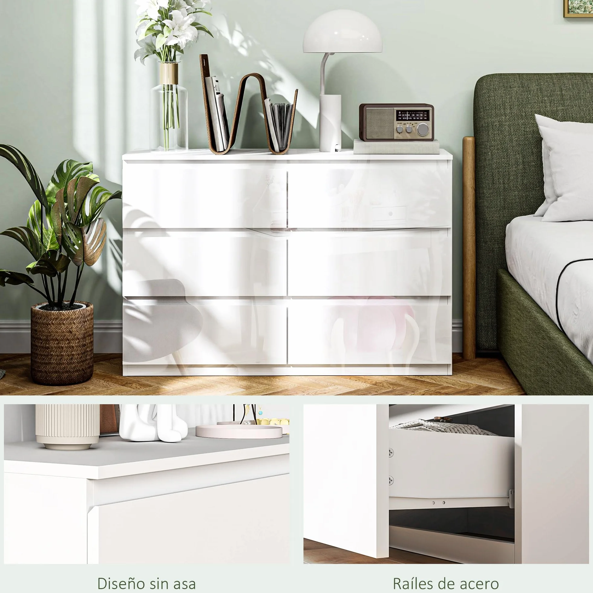 HOMCOM Cómoda con 6 Cajones Cómoda de Dormitorio Moderno con Diseño Anti-vuelco Cajonera para Salón Pasillo 112x34x75 cm Blanco Brillo