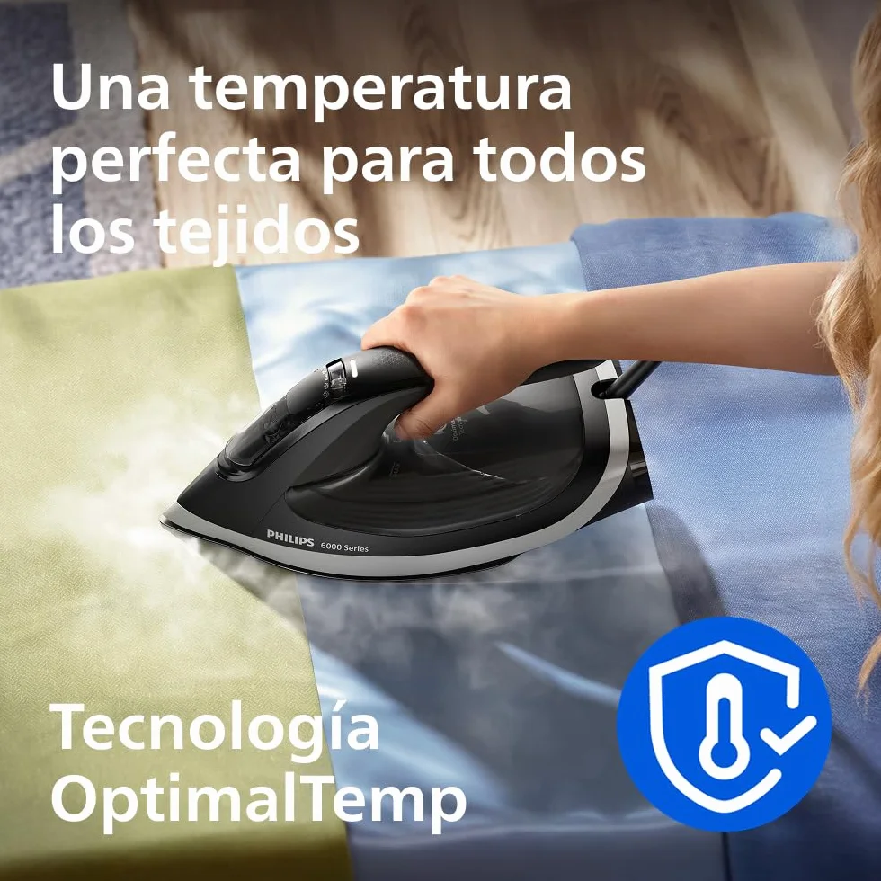 Philips Serie 6000 Plancha de Vapor con tecnología OptimalTEMP, 190g golpe, 45g continuo, suela SteamGlide Plus, antigoteo y apagado automático (DST6120/80)