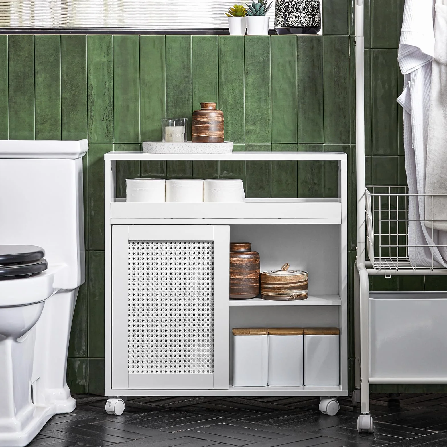 SoBuy Mueble de Baño Estrecho con Ruedas y Estantes Ajustables 20x70x65 cm | Armario Móvil Multifunciona, Almacenaje para Papel Higiénico – Mueble Auxiliar de Baño de Madera, Blanco, BZR119-W