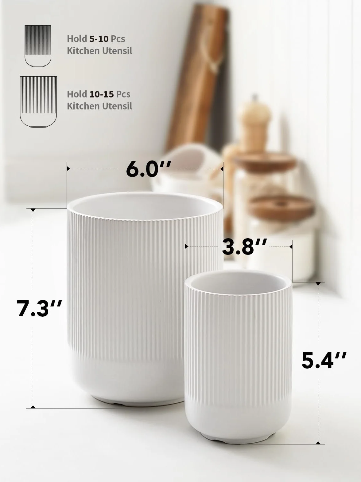 LE TAUCI Portautensilios, 18.5+14cm Cerámica Soporte para Utensilios de Cocina, Grande Botes para Encimera de Cocina, Moderno Organizador para Espátulas, Set de 2, Blanco
