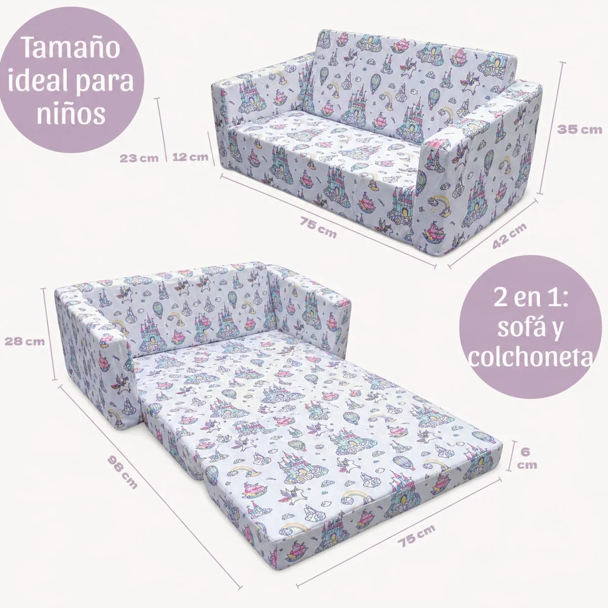 Sofá infantil plegable 2 en 1 de espuma alta densidad (25 kg/m³) - Sillón infantil ligero 2 kg, desenfundable, seguro, OEKO-TEX, Montessori desde 9 meses, no comprimido al vacío. (UNICORNIOS)