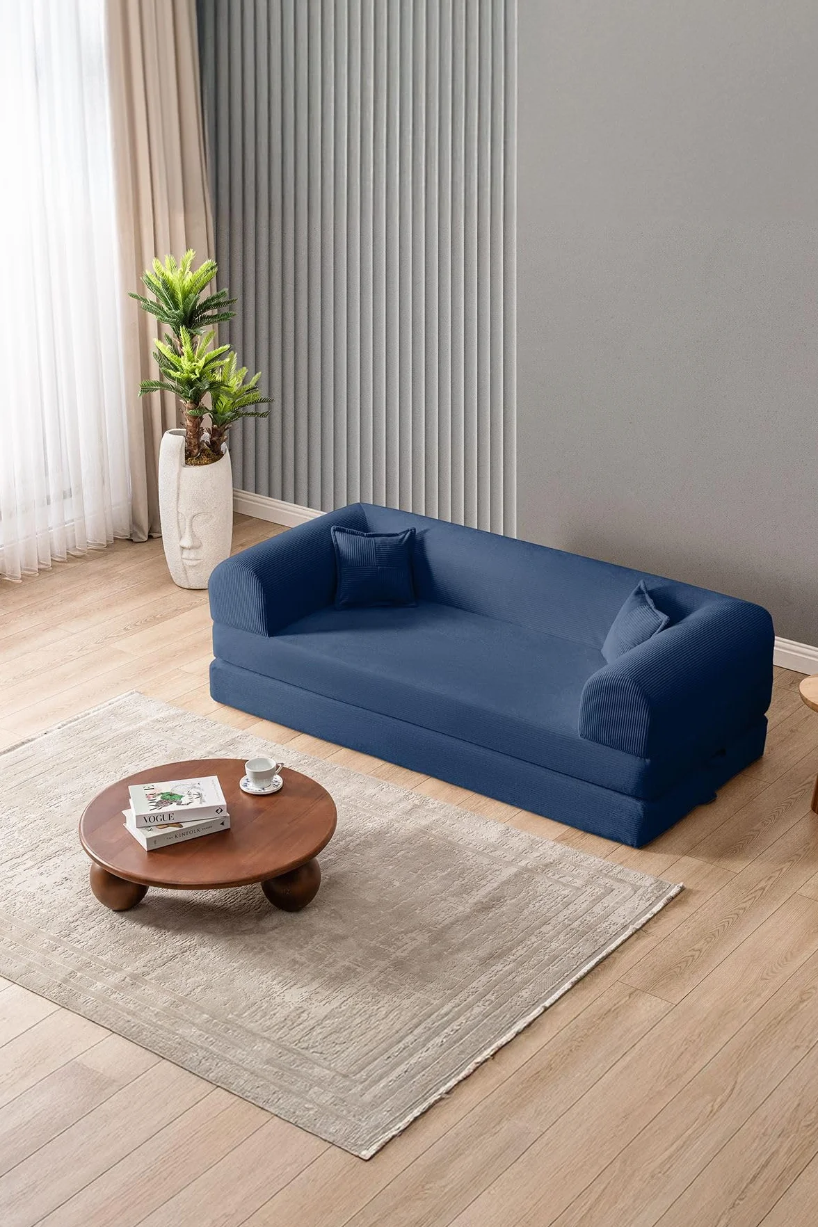 Sofá Cama de 3 plazas, Azul Marino, 190 cm, 100% Tejido de Felpa Acanalada, Funda extraíble, Apta para Mascotas, 2 Almohadas Incluidas