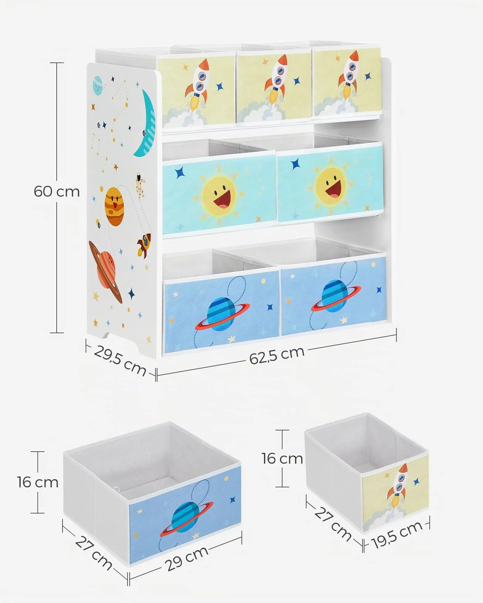 SONGMICS Estantería Infantil con 7 Cajas de Almacenamiento de Tela no Tejida, Organizador de Juguetes, 29.5 x 62.5 x 60 cm, Blanco