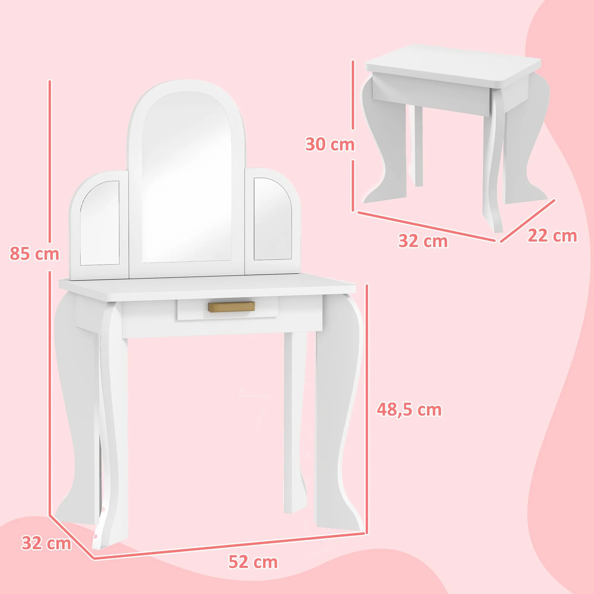 HOMCOM Tocador Infantil con Taburete y Espejo, Cajón, Mesa de Maquillaje para Niñas 3-6 Años, Blanco
