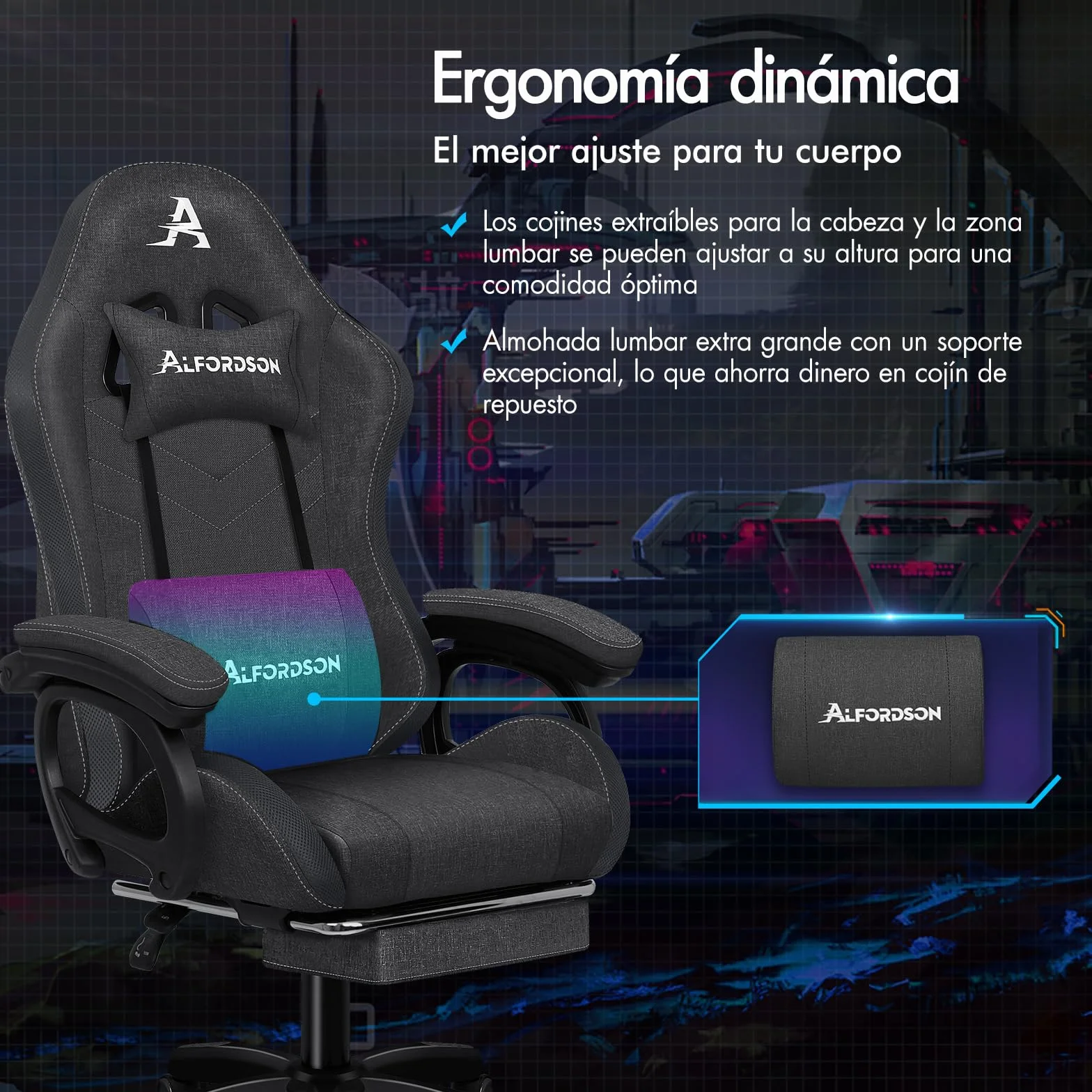 ALFORDSON Silla Gaming con Masaje y LED, Silla Gamer Ergonómica con Cojín Lumbar y Cervical, Reposapiés Telescópico, Iluminación para Ordenador, Videojuego, Juegos, Oficina, Lino(Gris Oscura)