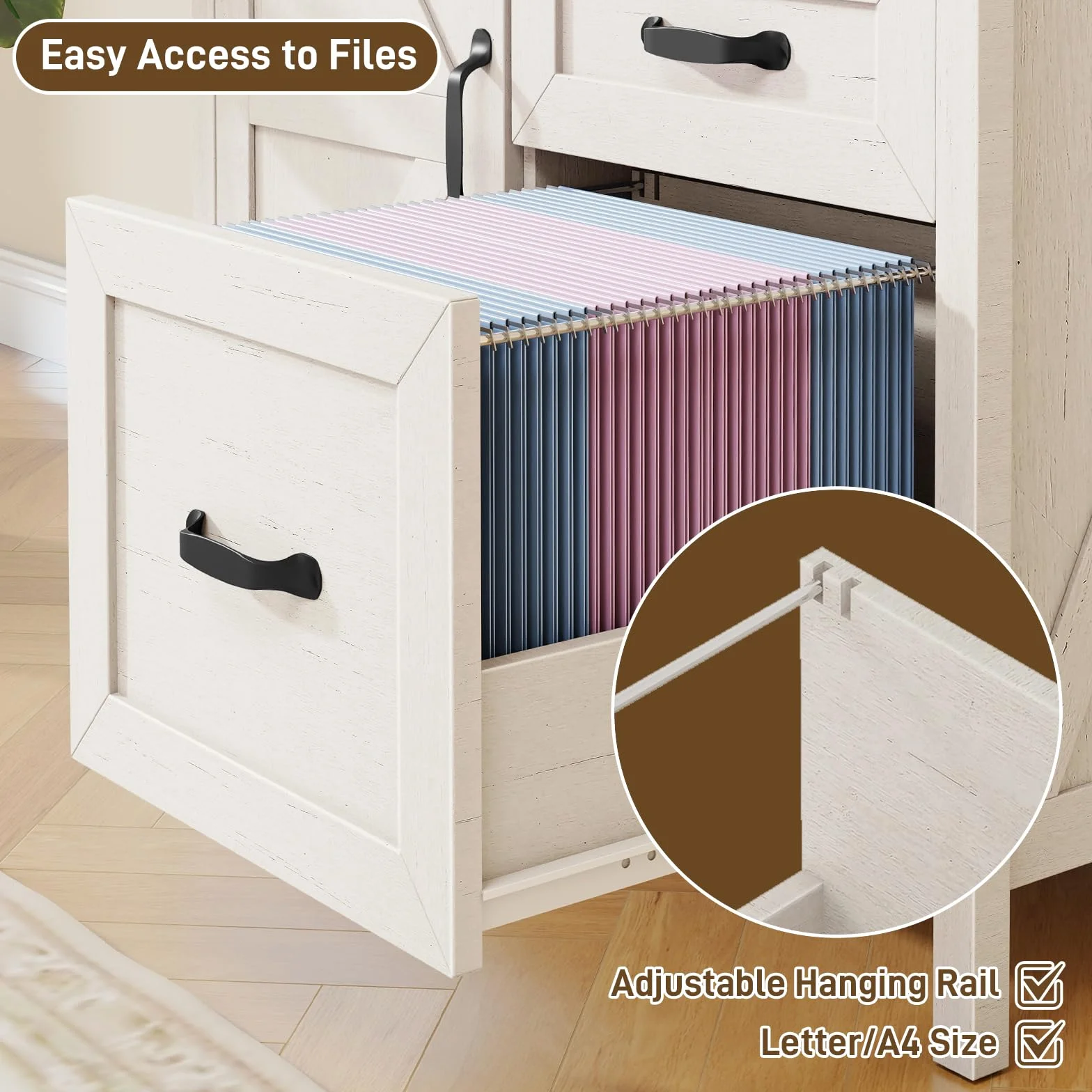 BonVache Archivador Lateral con 3 Cajones, Mueble de Almacenamiento para Oficina Estilo Campestre, Soporte para Impresora, Blanco Rústico para Carpetas Colgantes A4/Letter, 80 cm