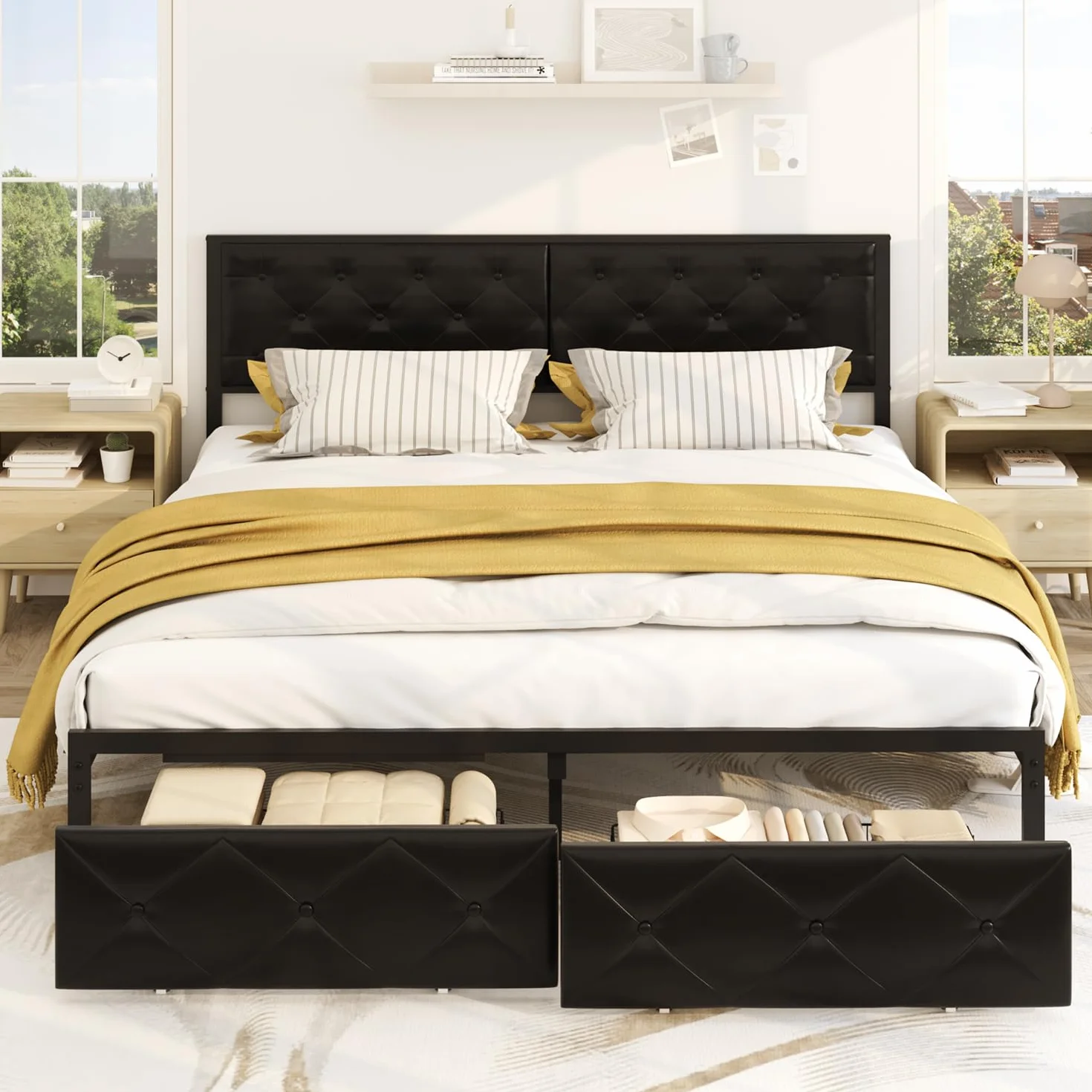 Marco de Cama Matrimonio de 180 x 200 cm con Base de Carga y Cabezal Acolchado, Estructura de Cama de Metal con Cesta, Ruedas de Metal, Capacidad de Peso de 300 kg, fácil de Montar