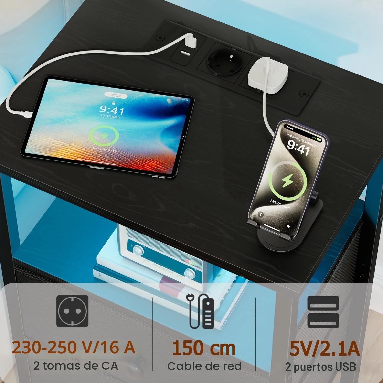 AMHANCIBLE Mesita de Noche, Mesitas de Noche con Estación de Carga, Mesa Auxiliar con 2 Cajones de Tela, 2 Tomas AC, 2 Puertos USB, Dormitorio, Salón, Estudio, Negro, EHETS02BK-1