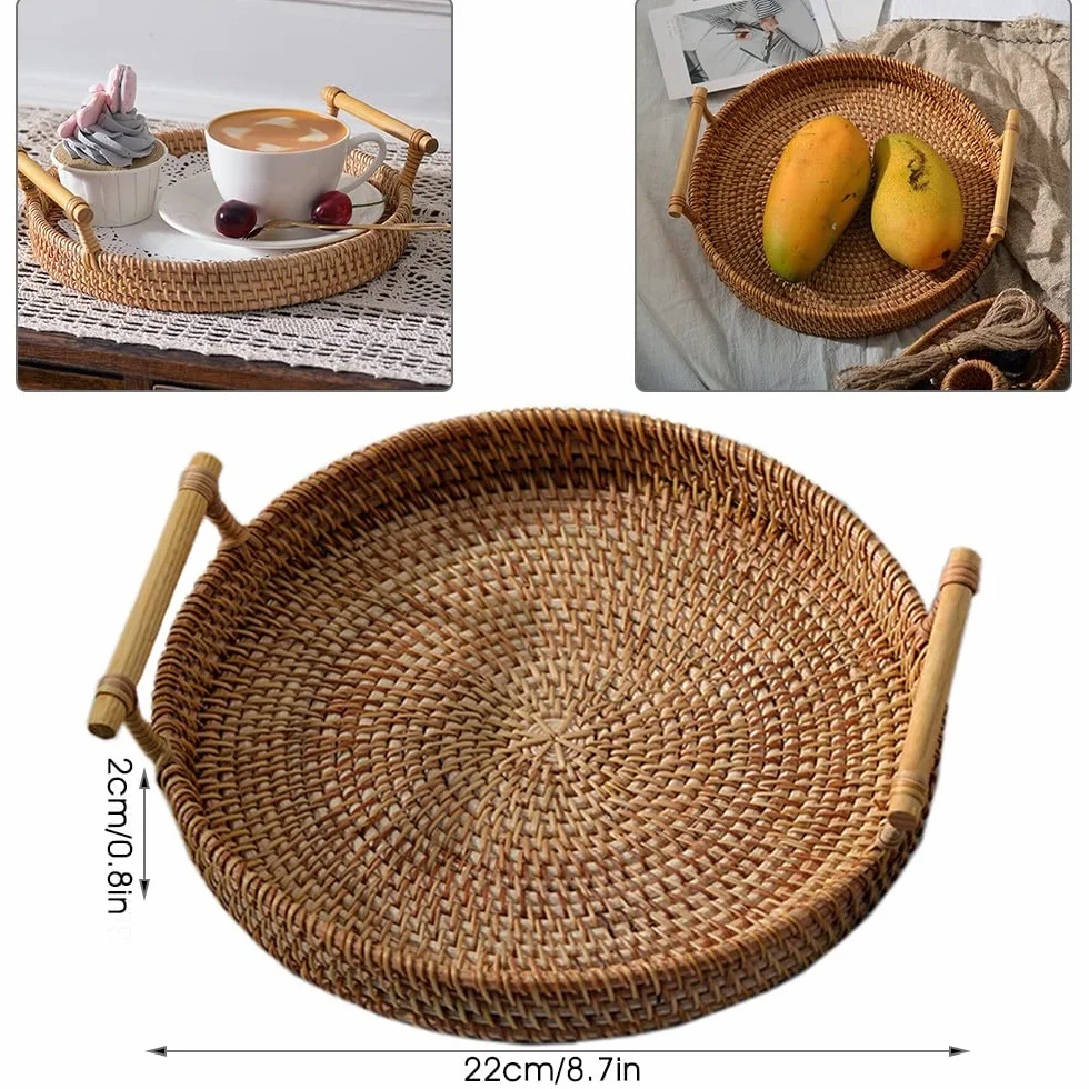 Cestas de Almacenamiento, Bandeja de Cestas Cesta de Mimbre Cesta de Picnic Tejida de Sauce Bandeja de Almacenamiento de ratán Tejida a Mano con Mango de Madera Bandejas de té (Color : A, Size : One S