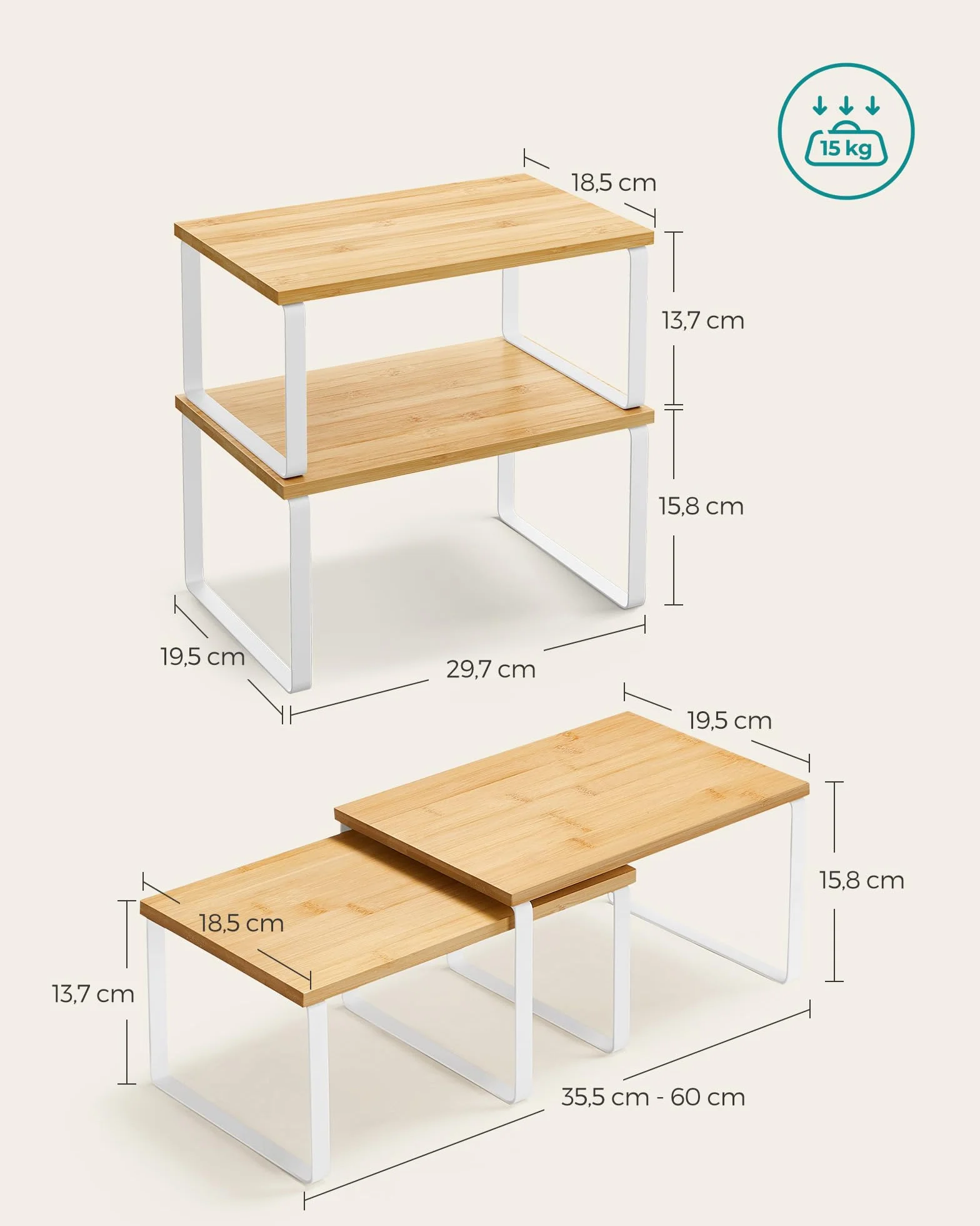 SONGMICS Organizadores de Cocina Juego de 4 Estantes Apilables Expandibles Metal y Madera Blanco Natural