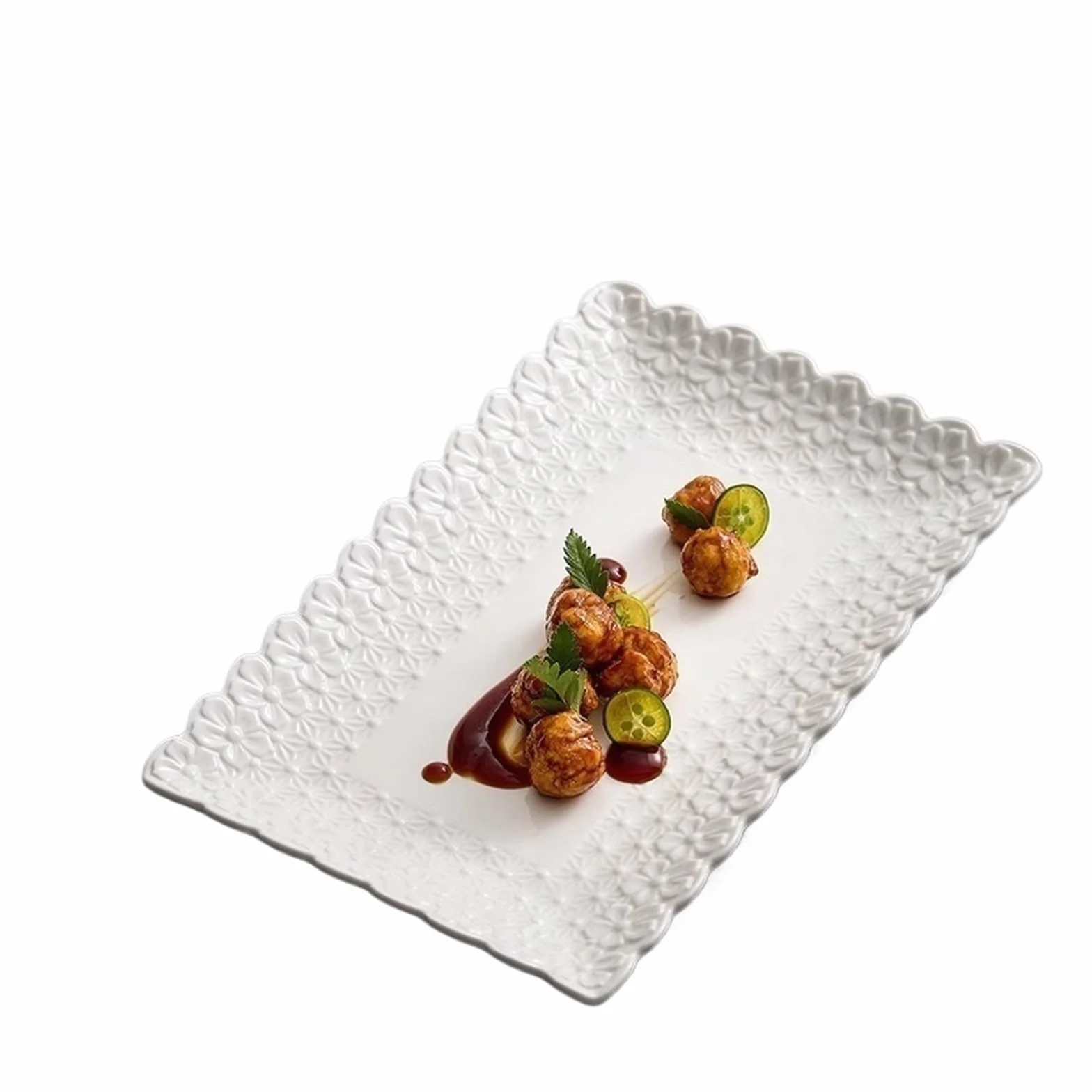 Plato rectangular for servir con flores en relieve, plato for aperitivos y postres de sushi y pescado for restaurante y vajilla especial(A 11.7inch)