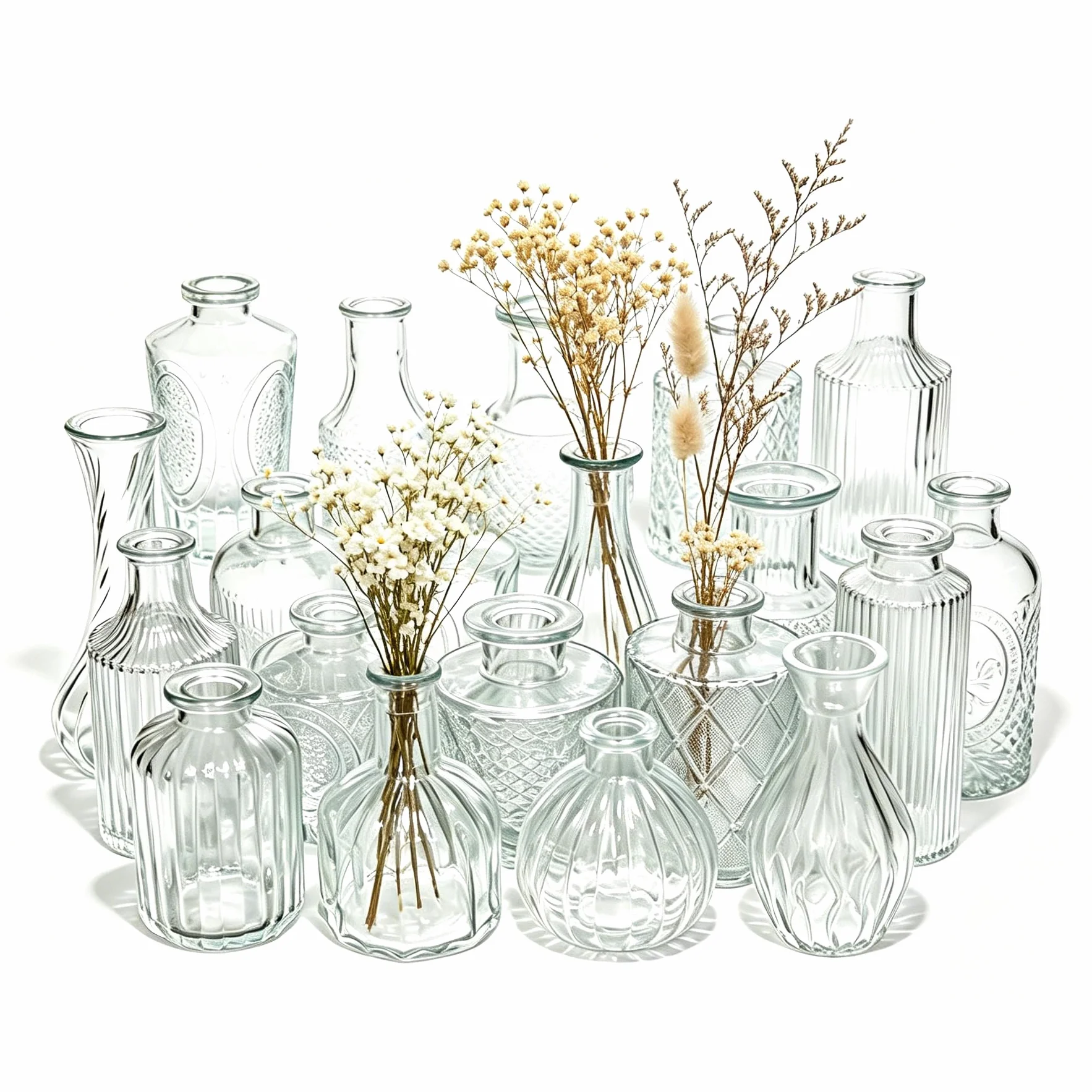 Juego de 20 Jarrones Decorativos de Vidrio Transparente - Mini Floreros Vintage para Centro de Mesa, Decoración Hogar, Boda y Eventos (8-13cm)