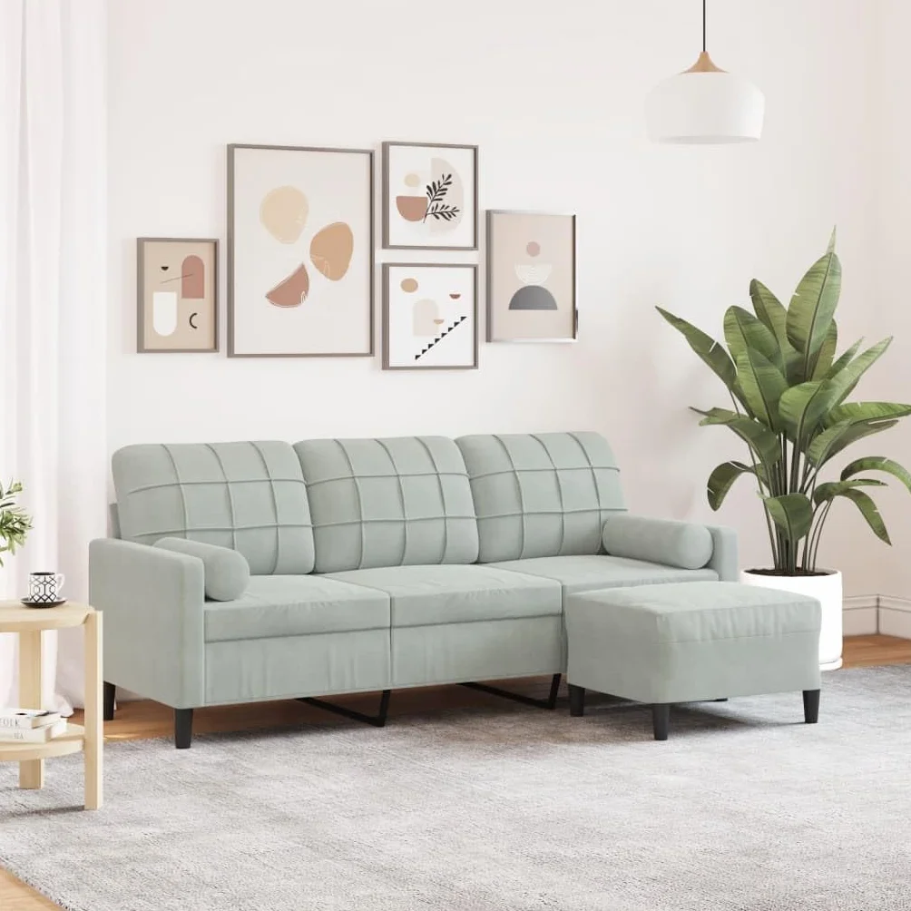 Gecheer Sofá de 3 plazas con Taburete de Terciopelo Gris Claro 180 cm,Sofa de Salón Moderno para Salón Dormitorio Oficina,Sofa Cheslong,Modulos Salon