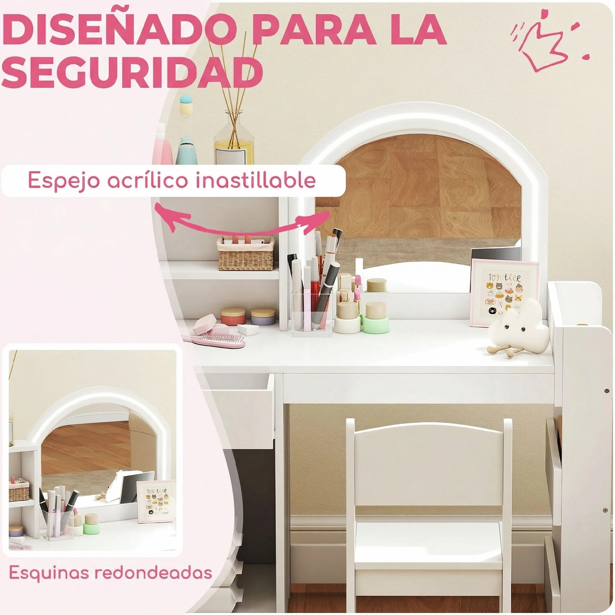 AIYAPLAY Tocador de Maquillaje Niña Infantil con Taburete, Espejo LED, Cajón y Estantes, Blanco