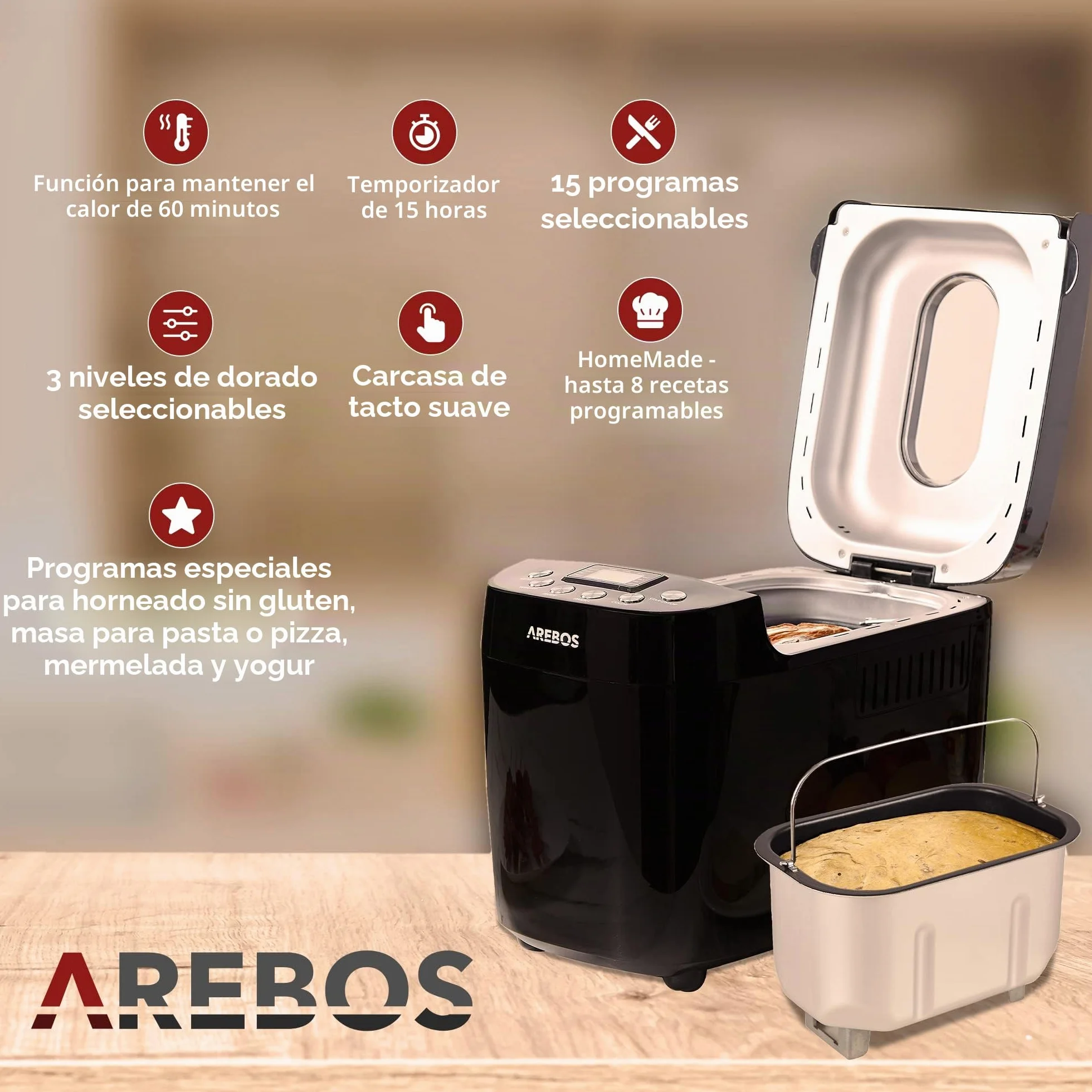 Arebos Panificadora 1500 g | con 15 programas | 2 ganchos para amasar | temporizador | pantalla LCD | 3 niveles de tostado y tamaños de pan | 850 W | Negro