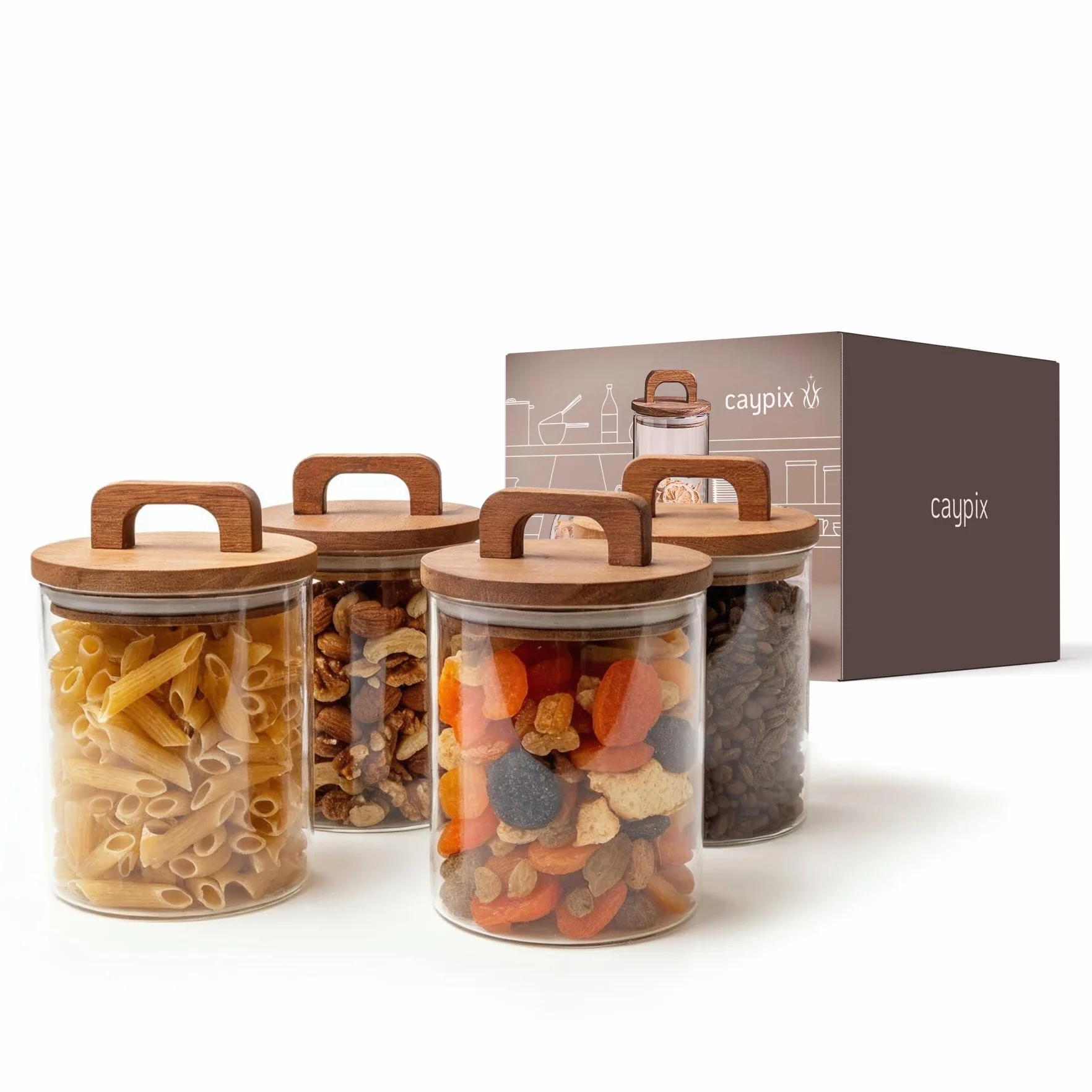 Tarros de almacenamiento con tapa de madera [4 x 800 ml] – Tarros de cristal herméticos – Tarro de almacenamiento con tapa de madera y asa práctica – Tarros de almacenamiento con tapa – Tarros