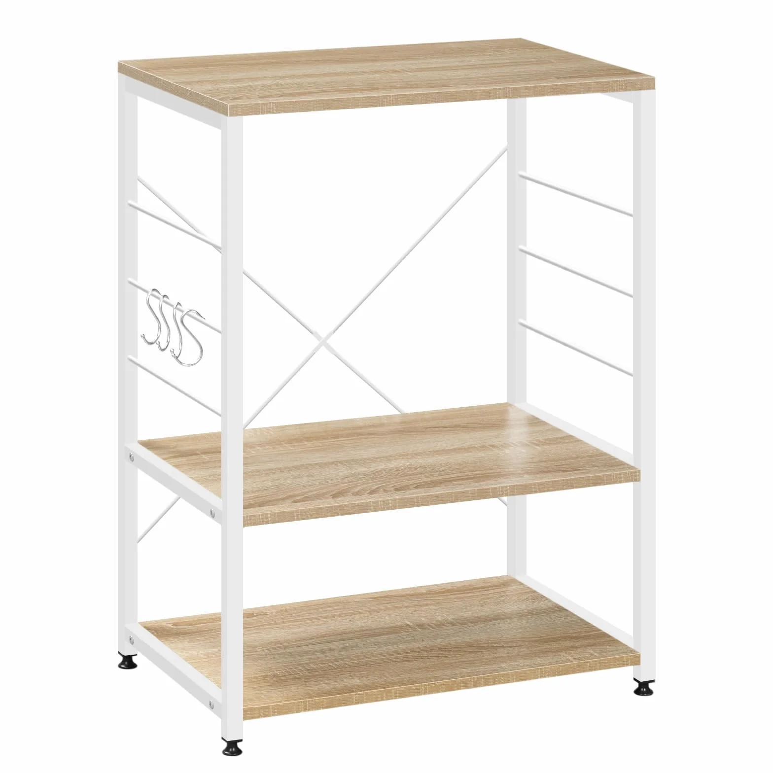 WOLTU Estantería de Cocina de Microondas de Madera y Acero con 3 Estantes 60 x 40 x 82 cm, Blanco + Roble Claro