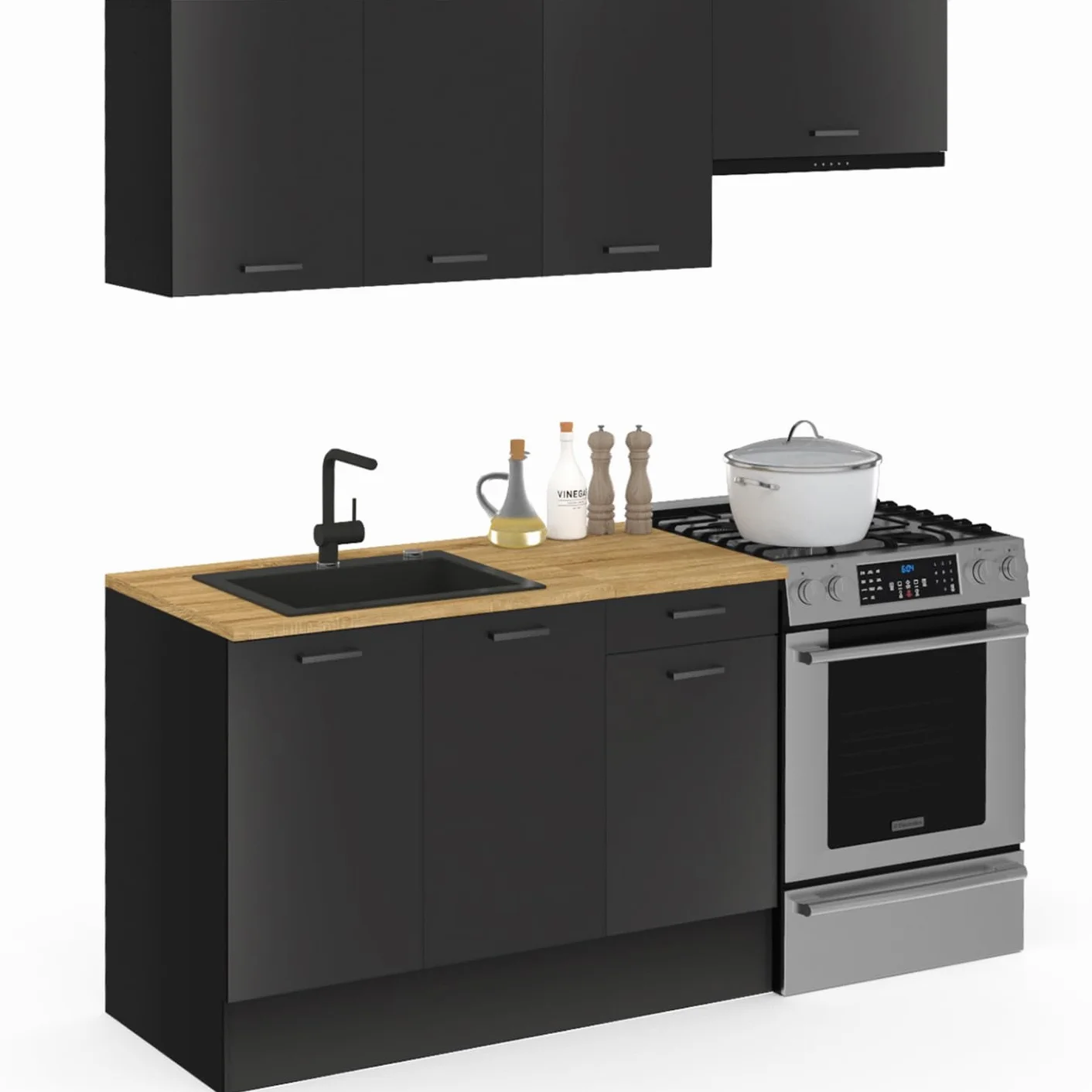 IDMarket - Cocina SUBTIL completa de 180 cm con encimera negra de 5 piezas y encimera de madera
