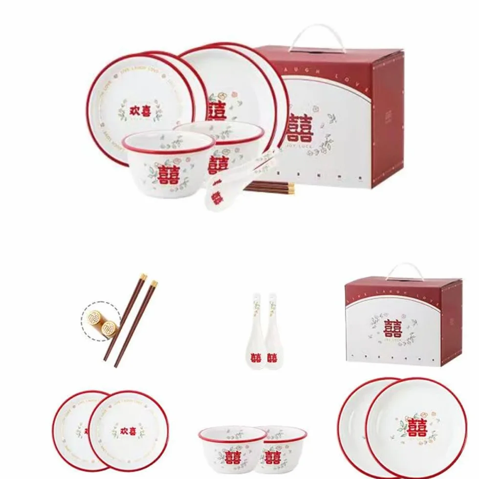 Juego de 10 piezas de vajilla de cerámica para boda, ceremonia de inauguración de la casa, vajilla de cerámica china, cuencos, palillos, cucharas, platos con paquete de regalo