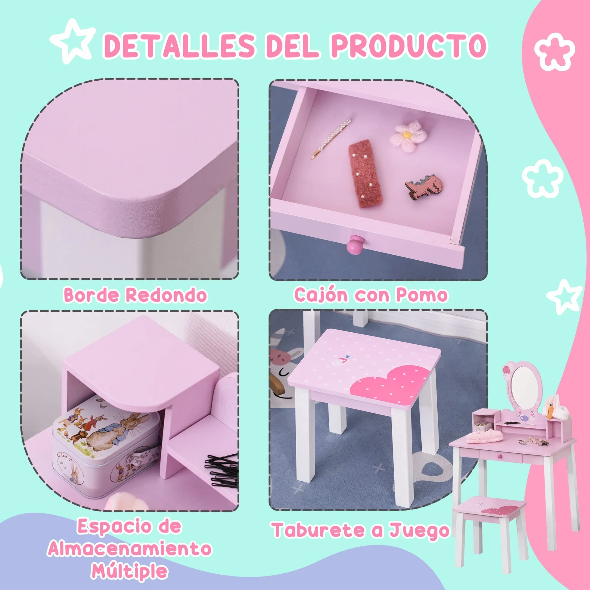HOMCOM Tocador Infantil con Taburete y Espejo Tipo Princesa Mesa de Maquillaje Madera Rosa 60x34x93 cm