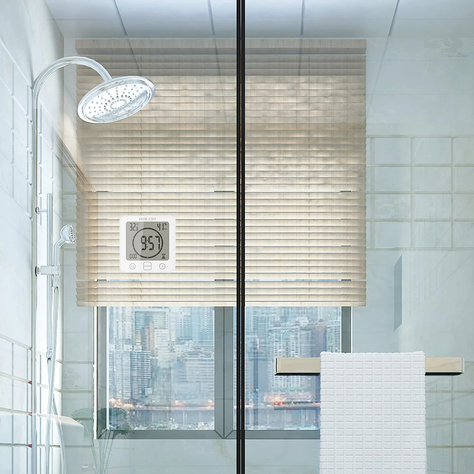 ZONJIE Reloj de baño impermeable digital con temporizador, ventosa, indicador temperatura humedad, táctil (blanco)