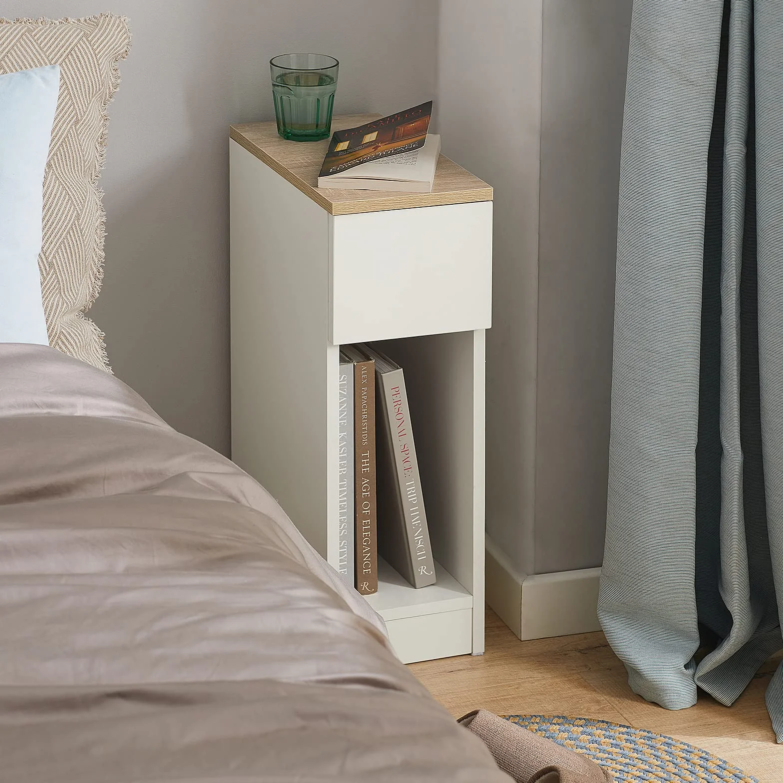 SoBuy Mesita de Noche Estrecha 20 cm con cajón Mesa de Noche ahorradora de Espacio & mesilla de Noche para Espacios pequeños Dormitorio salón Blanco 20x35x60 cm FBT111-WN