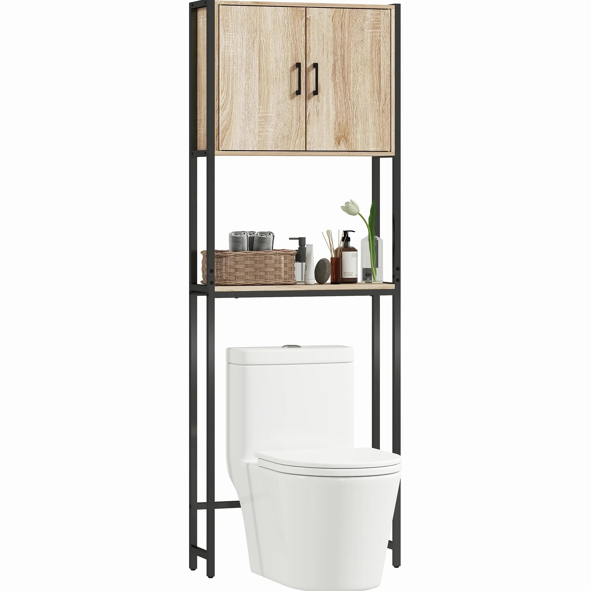 kleankin Mueble sobre Inodoro, Organizador sobre WC con 2 Puertas, Estante Ajustable, Estante Abierto, Estantería de Baño Encima WC para Espacio Pequeño, 64x19x178 cm, Natural