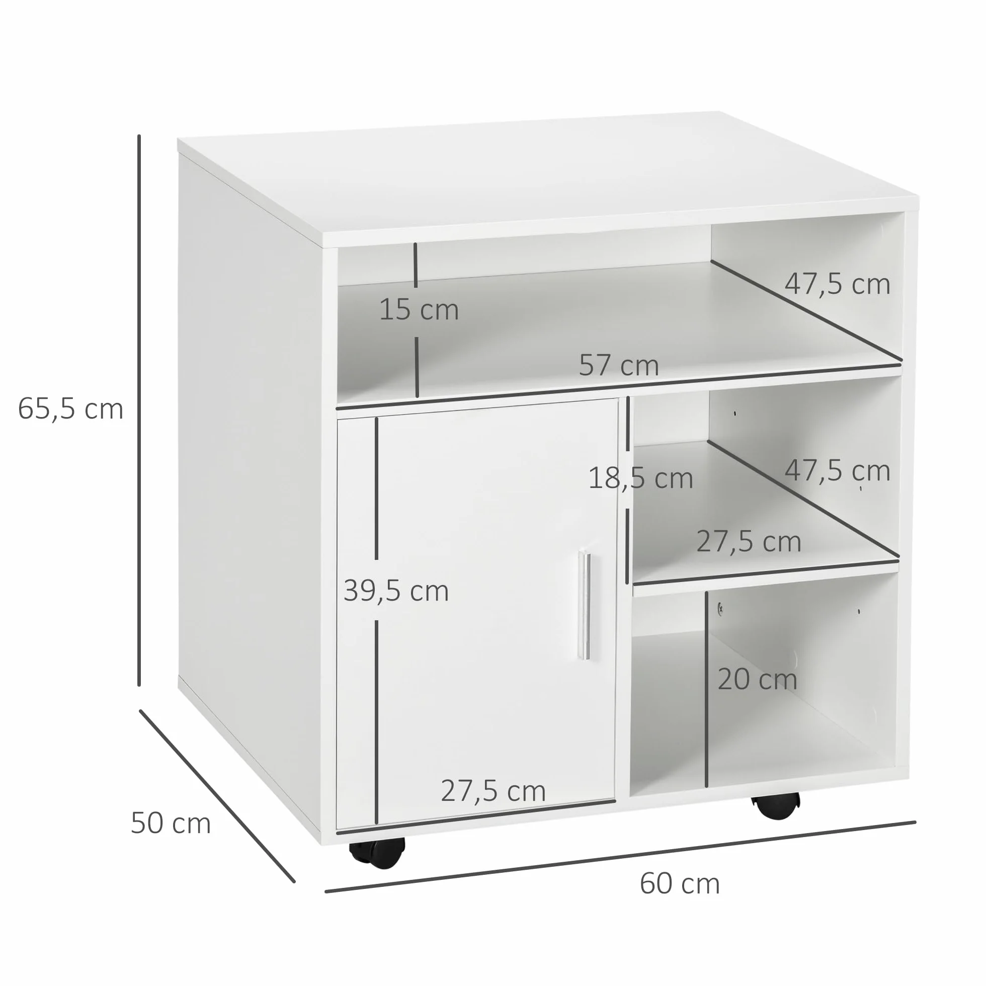 HOMCOM Mueble con Ruedas para Impresora Armario de Oficina Multifuncional con Estantes con Amplio Espacio de Almacenaje 60x50x65,5 cm Blanco