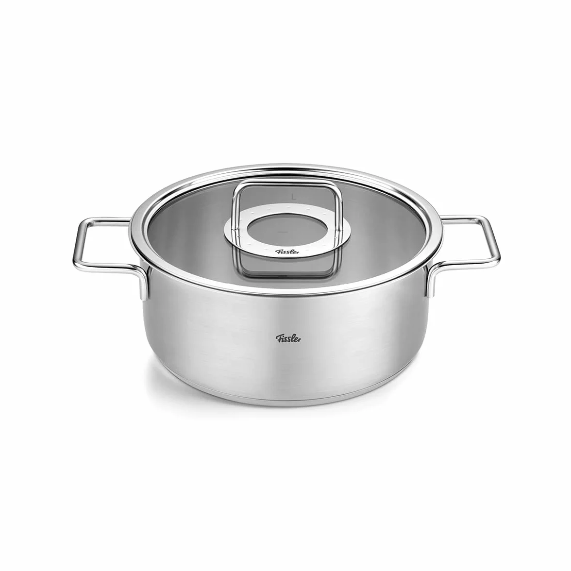 Fissler Pure Collection Rustidera de 3,9 L y 24 cm de Diámetro, Acero Inoxidable, con Tapadera de Vidrio, Escala de Medición Interior, Inducción