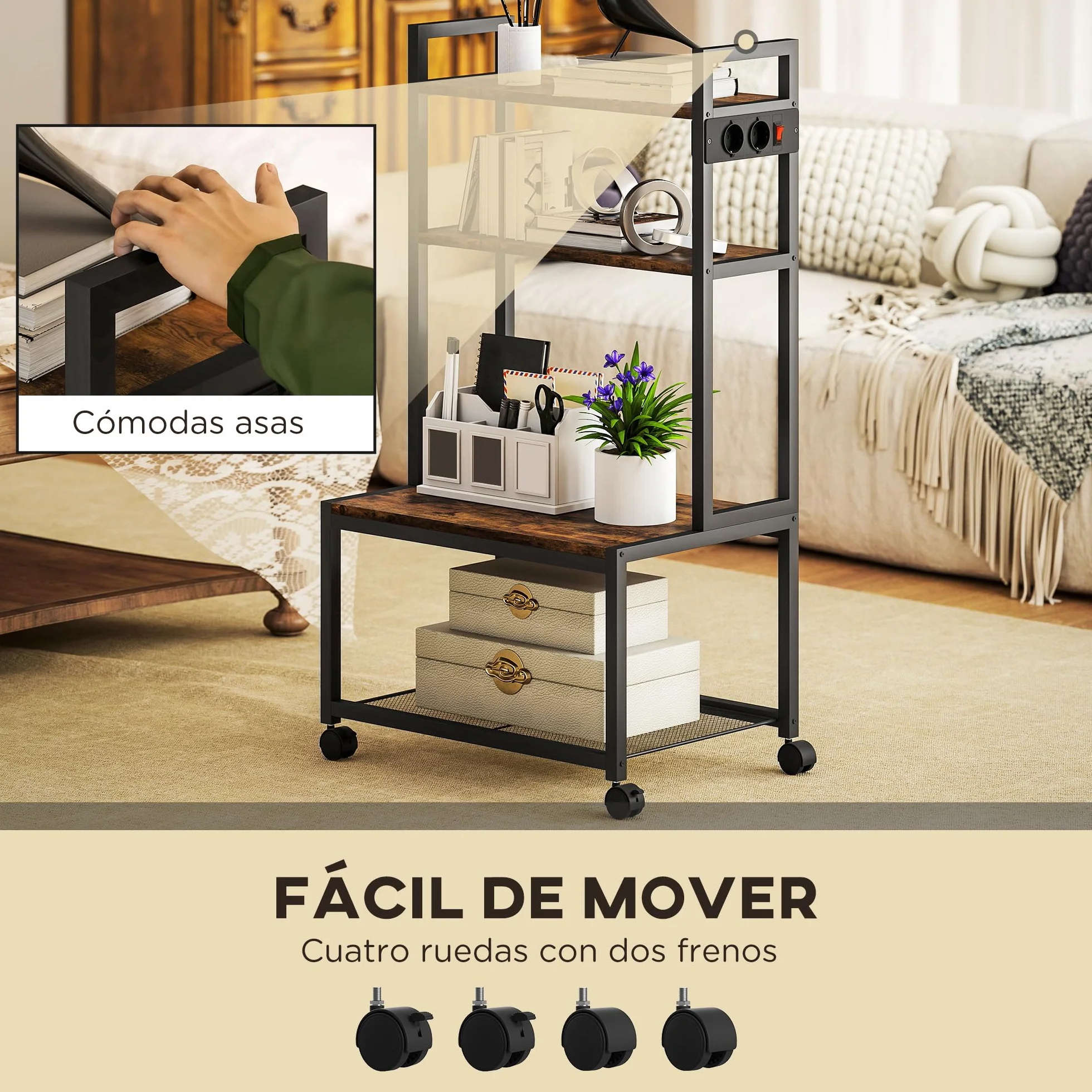 HOMCOM Soporte para Impresora con Estación de Carga Mueble para Impresora de 4 Niveles con Ruedas y Marco Metálico para Oficina Casa Escuela Marrón Rústico