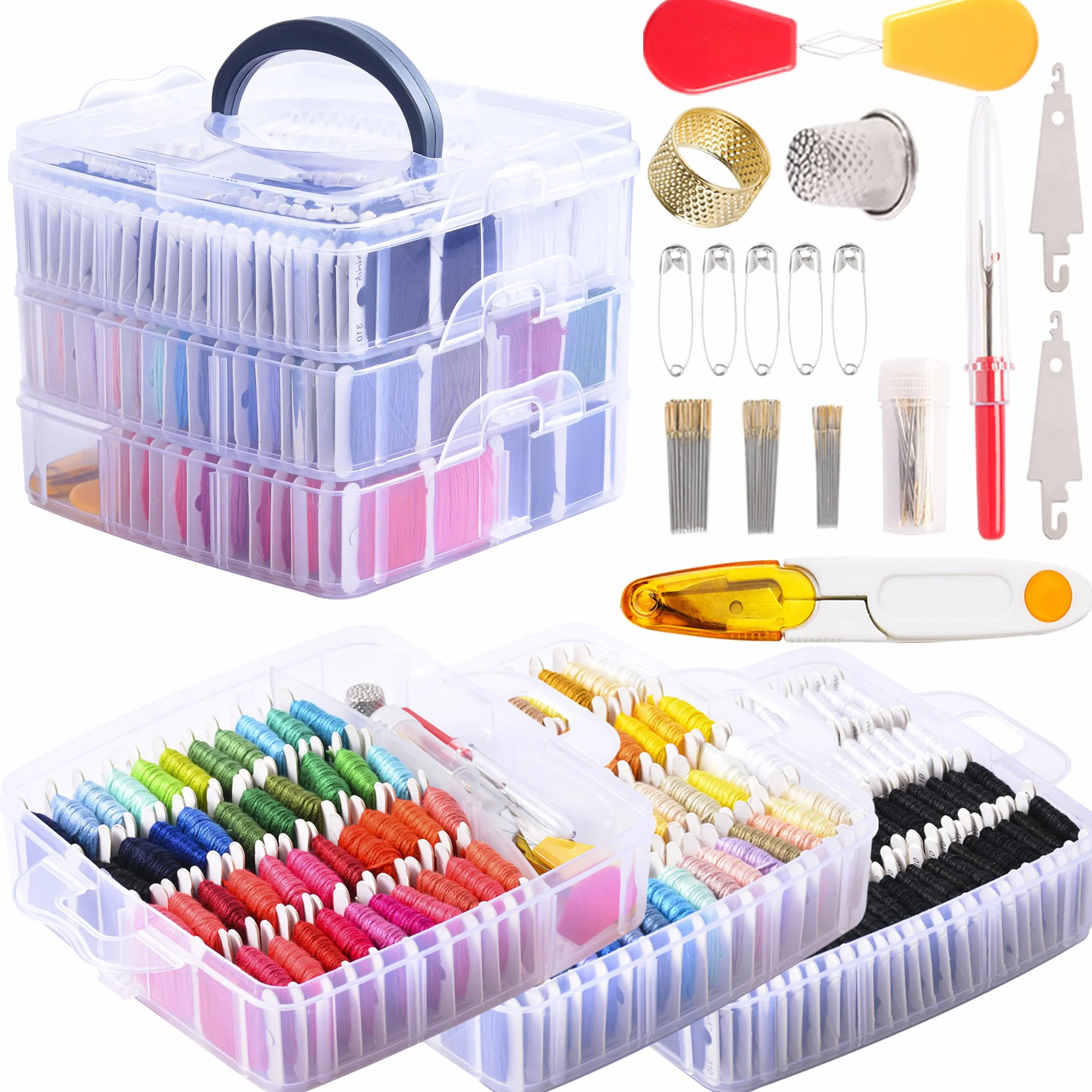 Peirich Paquete de 201 hilos de bordado, incluye hilo de bordado de 158 colores con caja de almacenamiento organizadora de 3 niveles con kits de bordado para pulseras de la amistad, punto de cruz