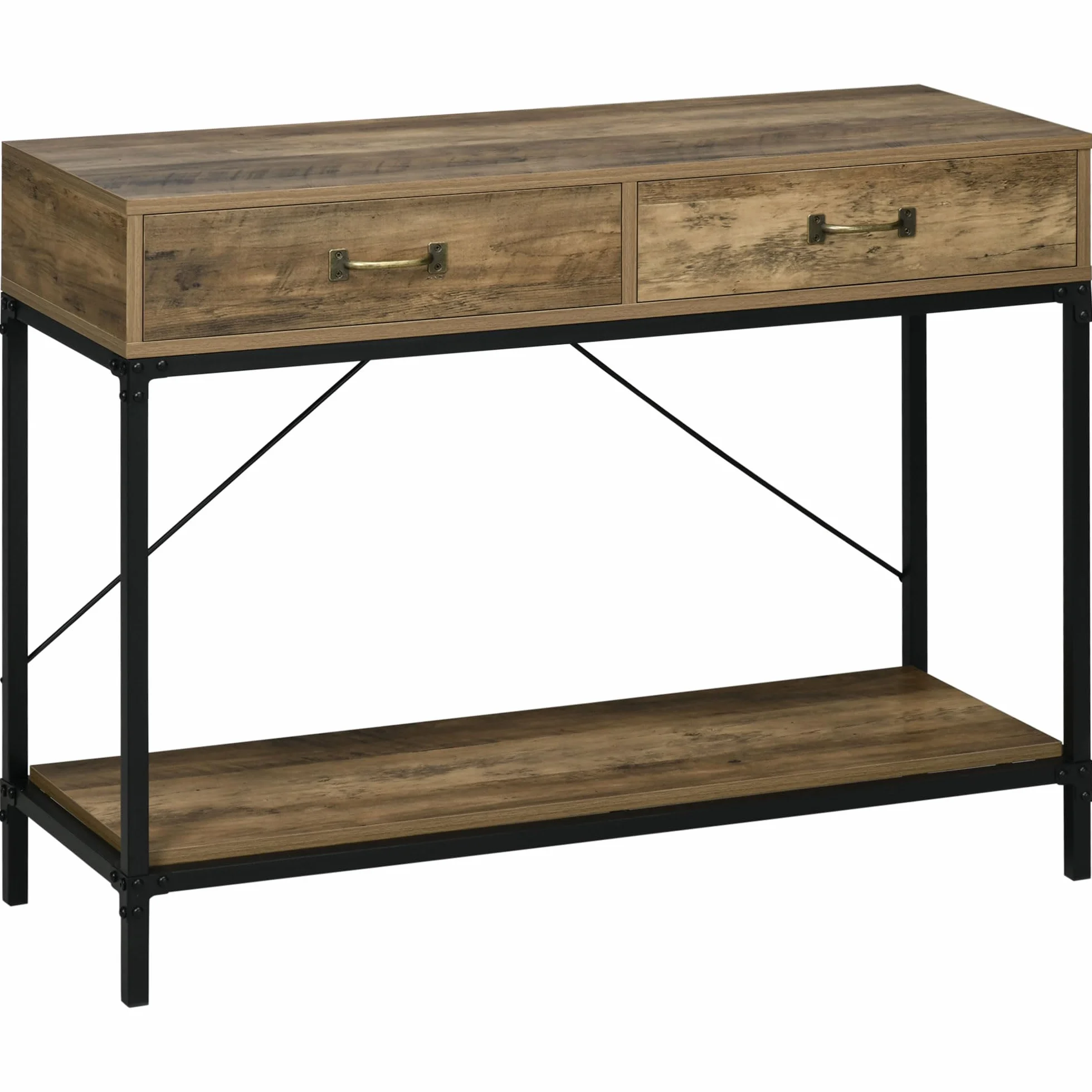 HOMCOM Mesa de Consola Industrial con 2 Cajones y Estante, Marrón y Negro | Mesa de Sofá, Consola Recibidor, Patas de Metal, para Salón, Pasillo, Entrada