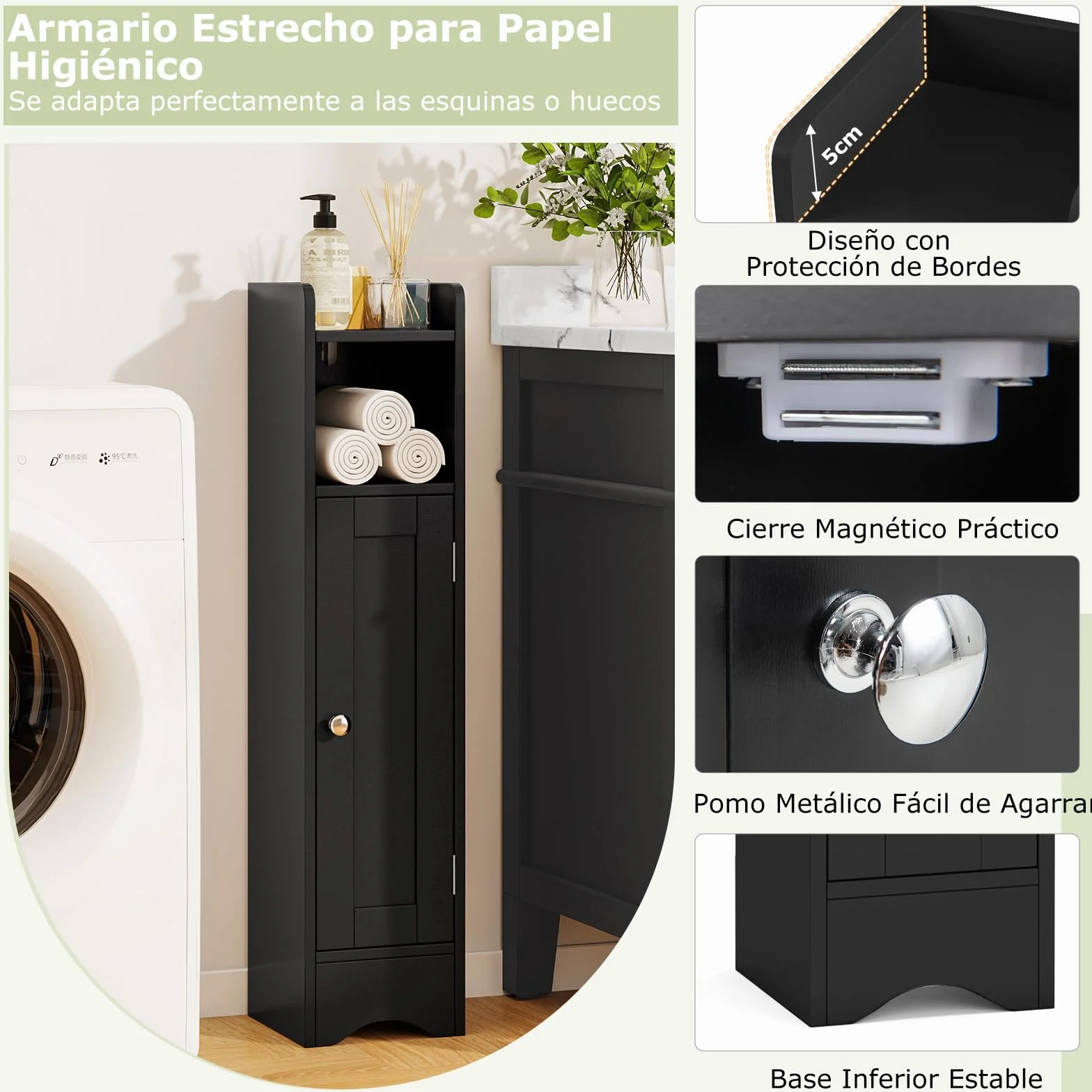GIANTEX Armario Estrecho de Baño con Puerta, Mueble Organizador para Papel Higiénico con 5 Estantes de Almacenamiento, 2 Estantes Ajustables, 18 x 19,5 x 80 cm, para Salón, Lavandería (Negro)