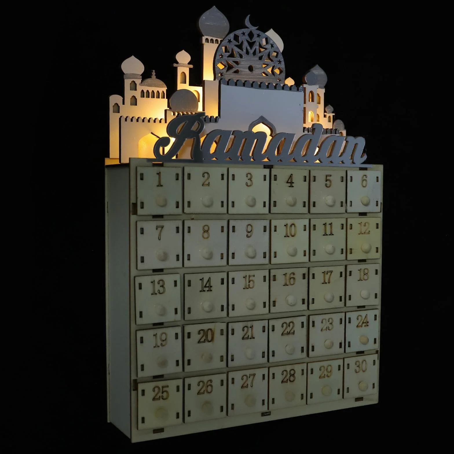 Cabilock Calendario del Eid de Madera con 30 Cajones y Luz Led, Decoración de Cuenta Regresiva para Ramadán y Festival Eid en Sala de Estar