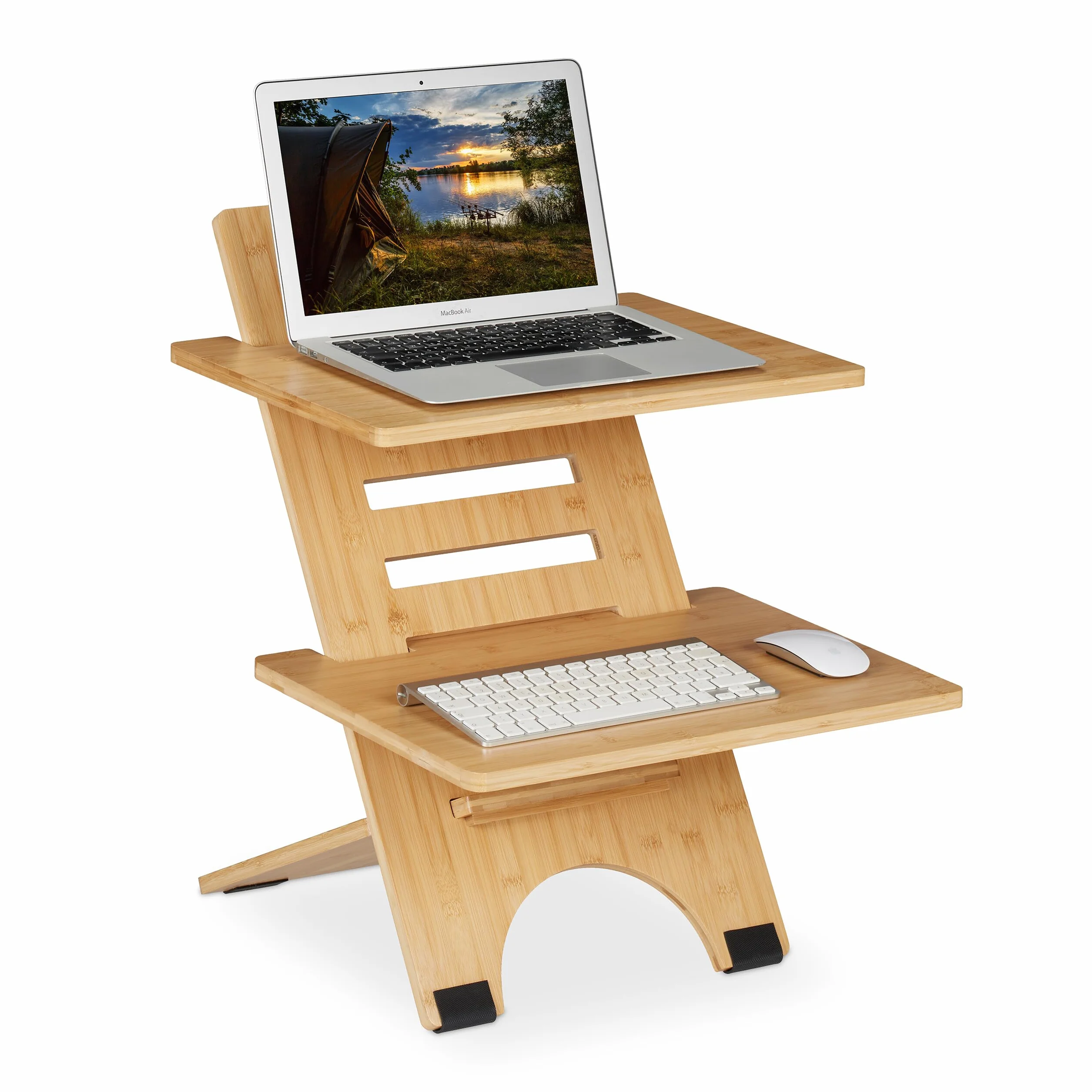 Relaxdays Soporte Ordenador de Pie, Altura Regulable, 2 Baldas, Bambú, Accesorio para Escritorios, Oficina, Natural
