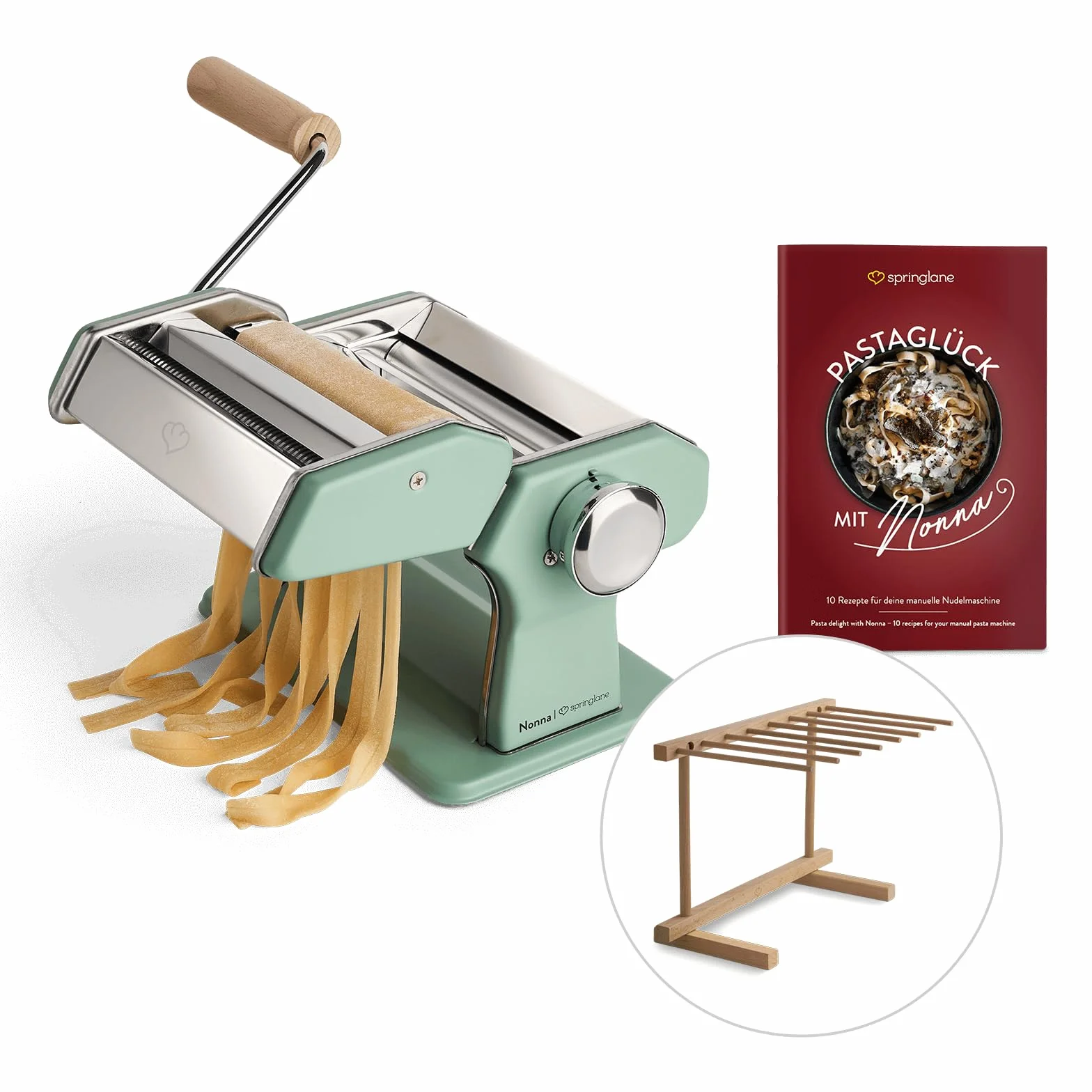 SPRINGLANE Máquina de fideos manual Nonna, Acero inoxidable, Máquina para hacer pasta, incluye secador de pasta y 3 accesorios para cortar espaguetis, lasaña, tallarines - verde