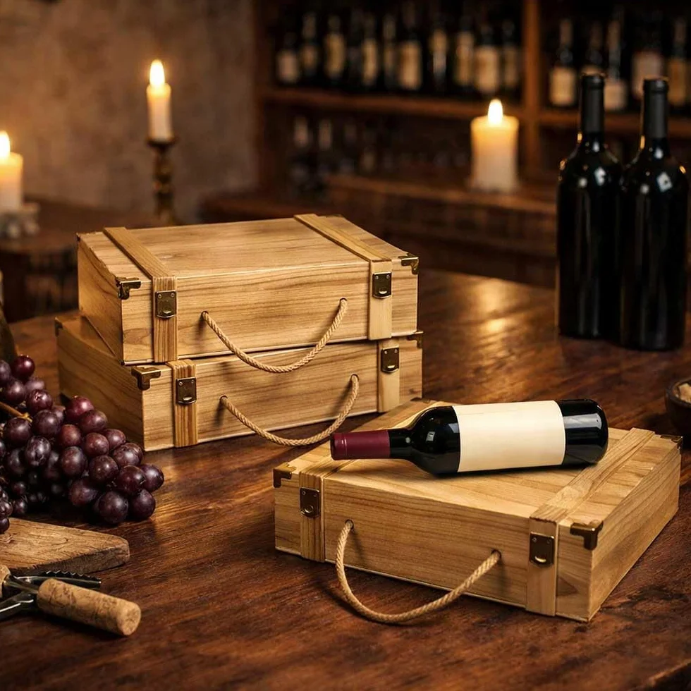 OKAFFAREFATTO MADDALONI 3 cajas de madera para cuatro botellas con asa y cierre de metal