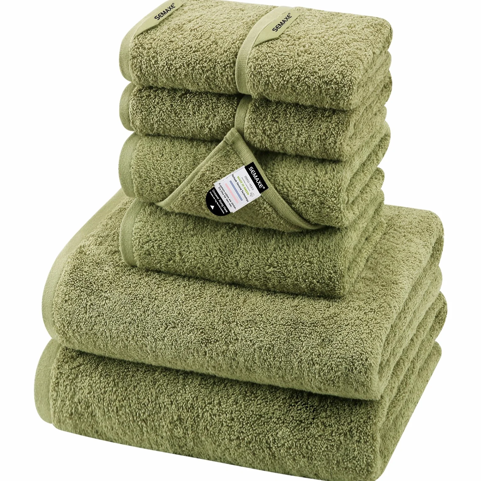 SEMAXE Juego de toallas verdes con trabillas para colgar y etiquetas inteligentes, 2 toallas de baño, 2 toallas de mano y 4 paños, toallas 100% algodón para baño, toallas absorbentes de calidad de spa