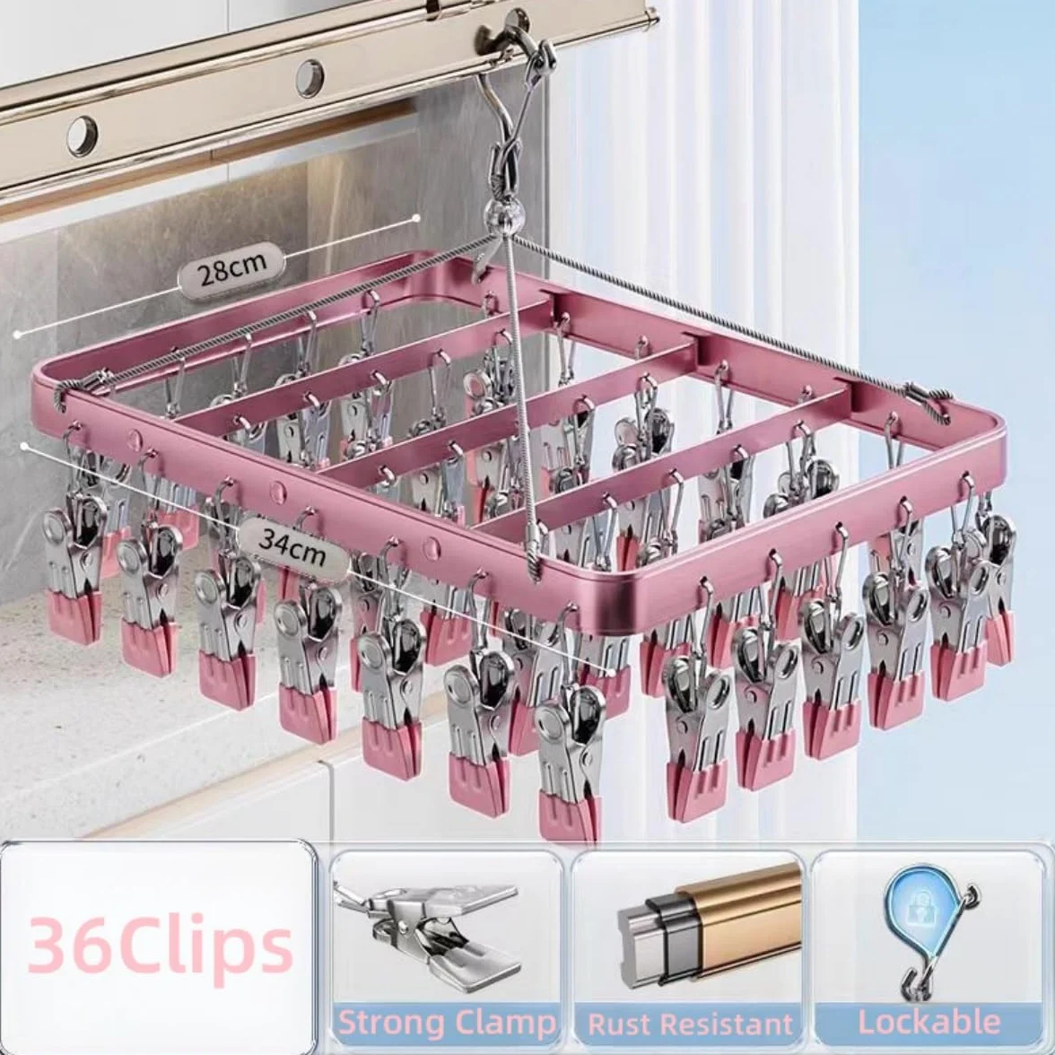 Perchero para pantalones con 36 clips, estante de secado plegable a prueba de viento, colgador de ropa metálico para jeans