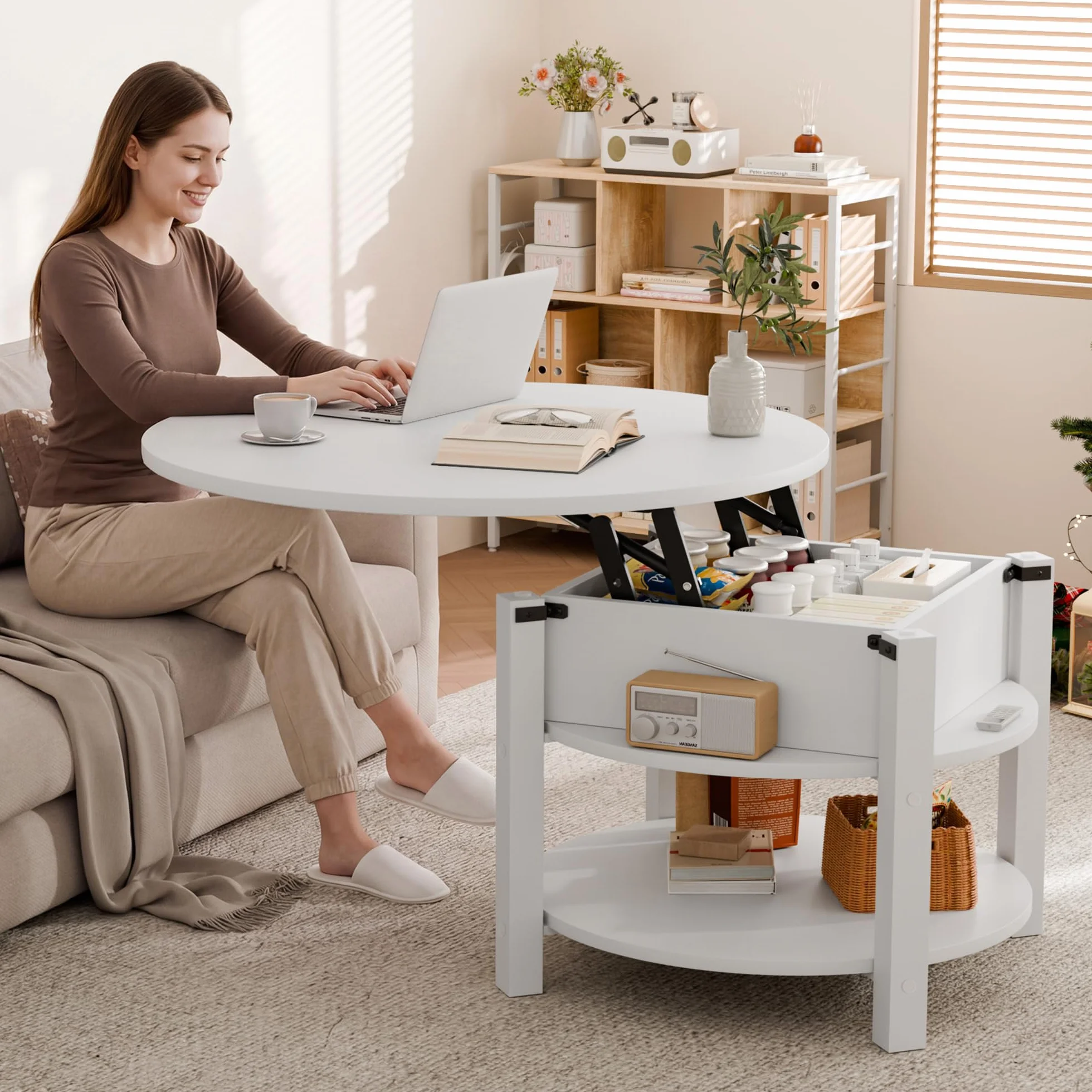 ELUCHANG Mesa de Centro Redonda Elevable y Extensible 2 en 1 para Salón y Oficina, Mesa de Cafe con Espacio de Almacenamiento de 2 Niveles, Madera en Blanco, 80x80cm