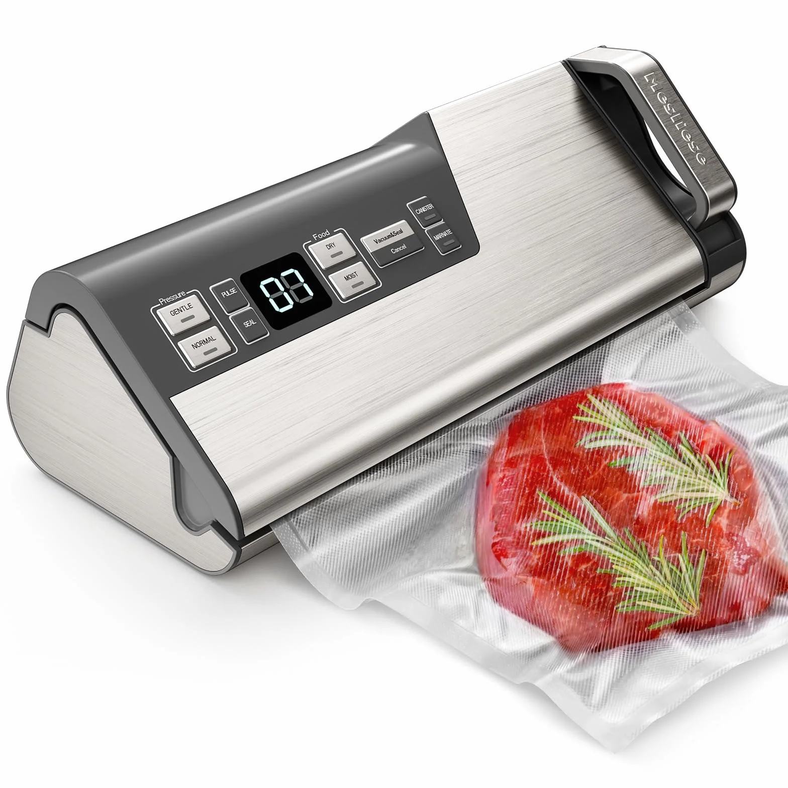 Mesliese Envasadora al vacío 95kPa 140W, con 20 L/min de velocidad de succión, uso con una sola mano y asa ergonómica, doble sellado, cortador integrado, compartimento para rollos, pantalla LED
