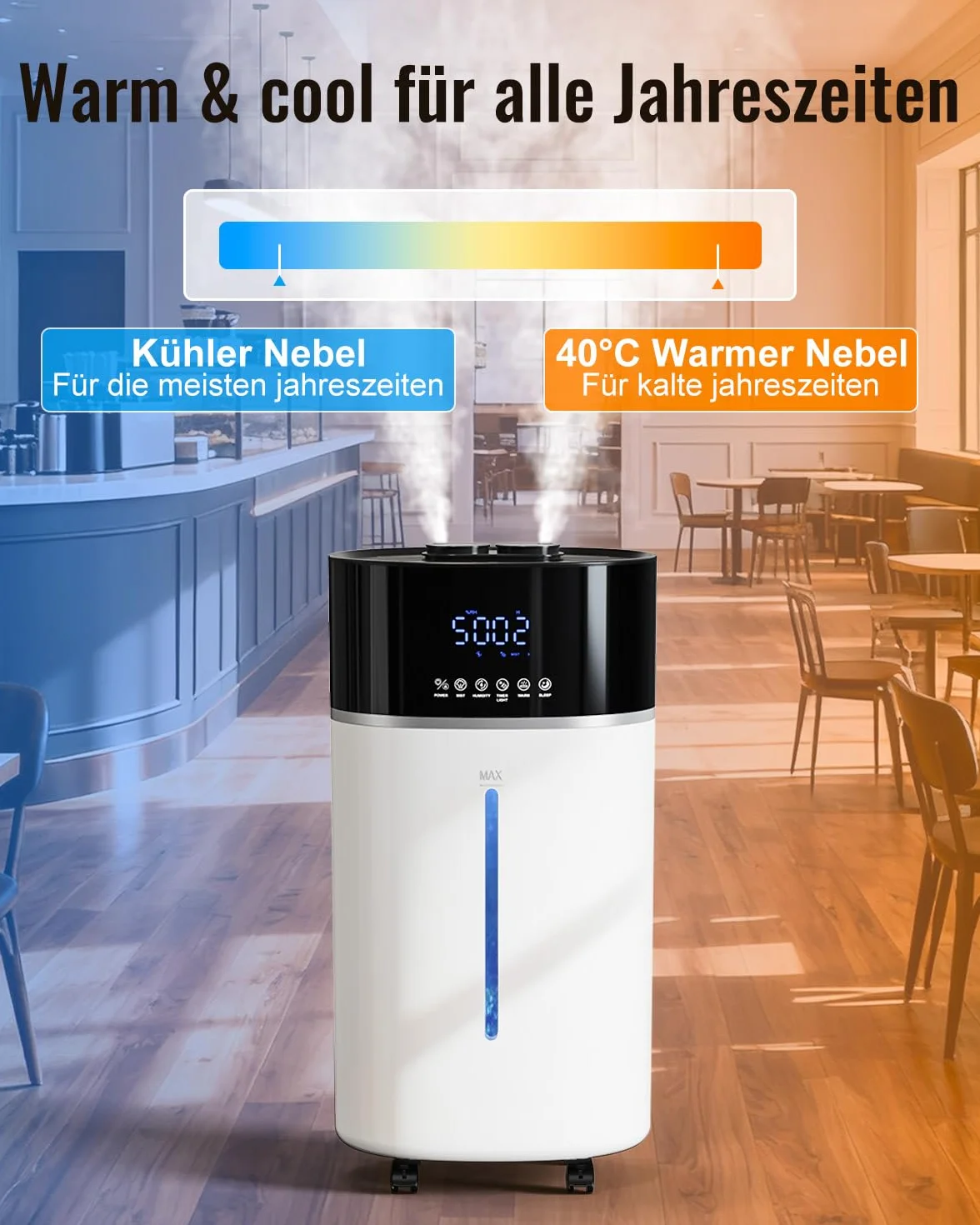 Humidificador para habitaciones grandes, 18 L, tecnología de niebla fría y caliente, color blanco