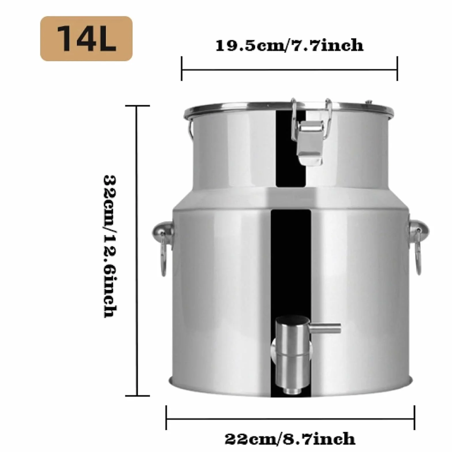 Lata de transporte de leche con sello de 5L / 14L Cubo de leche de acero inoxidable Barril de cubo de vino con espiga de grifo - Jarra de mano de agua Contenedor de líquido Bote (Plateado, 14L)