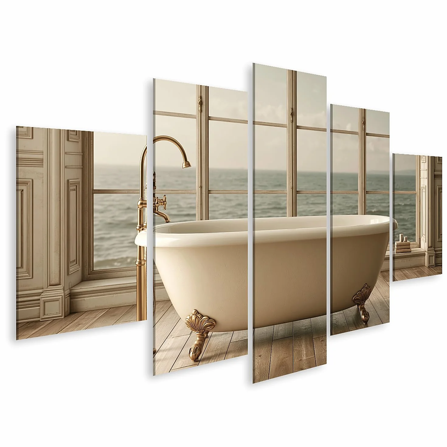 islandburner Cuadro sobre lienzo Bañera exclusiva con vista al mar mural baño para amantes de la relajación - 5 piezas
