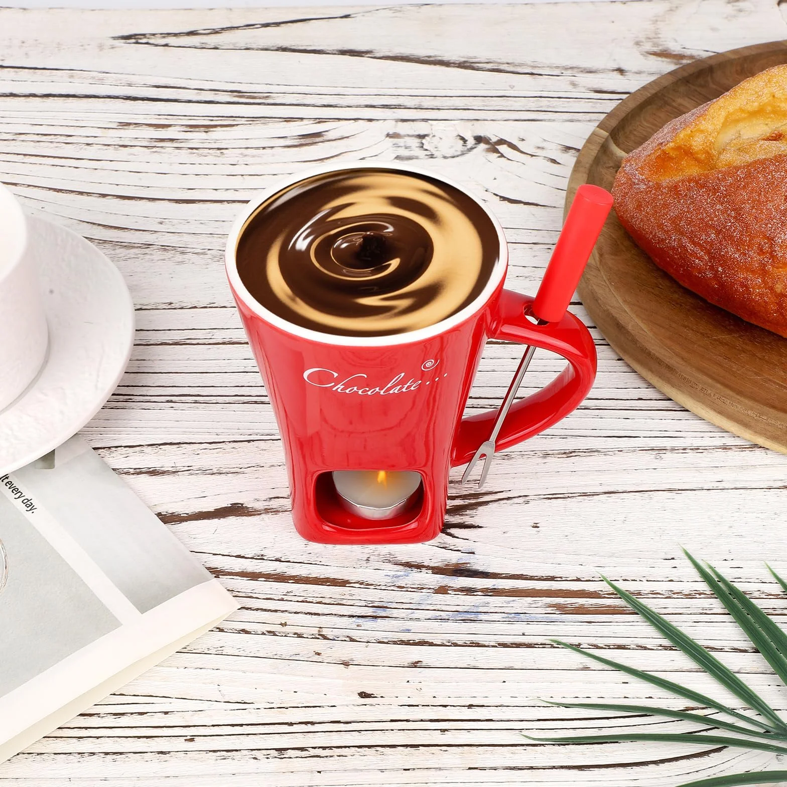 Juego Tazas para Fondue de Chocolate, Cerámica Mini Olla Fondue con Tenedor y Calentador de Velas, Rojo