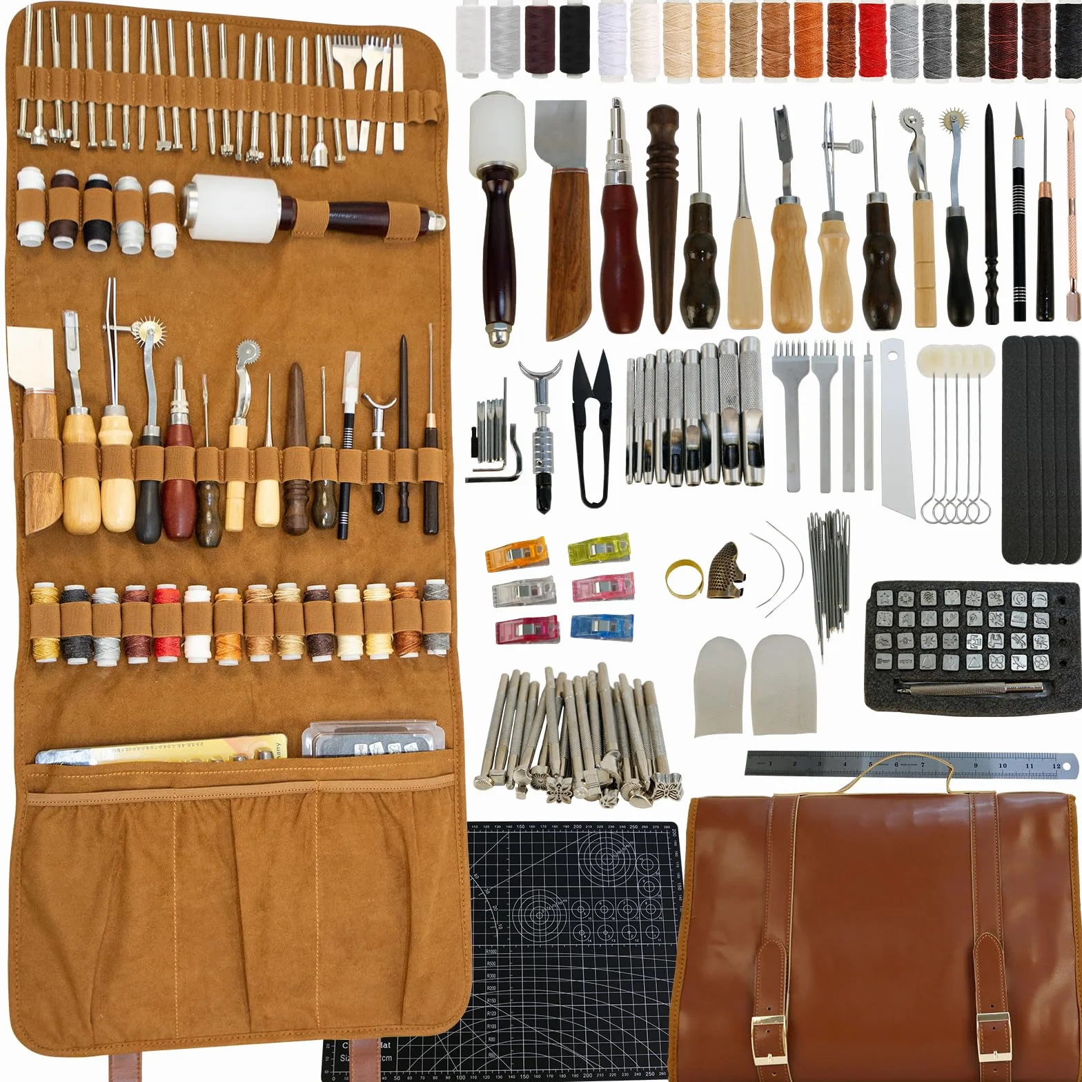 Kit de herramienta de cuero con bolso y herramientas para estampar, costura, tallar y perforar cuero