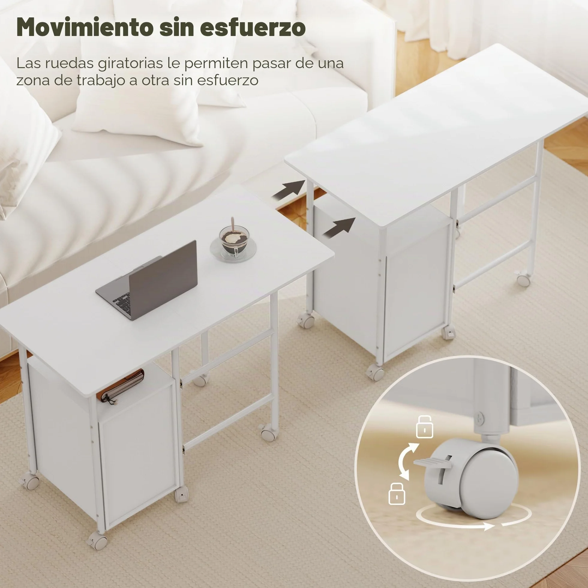 HOMCOM Escritorio Plegable con Ruedas y 3 cajones 105x51x75,5 cm Blanco | Escritorio para ordenador, sobre extensible, estructura de acero, para teletrabajo, dormitorio, estudio, estilo moderno.