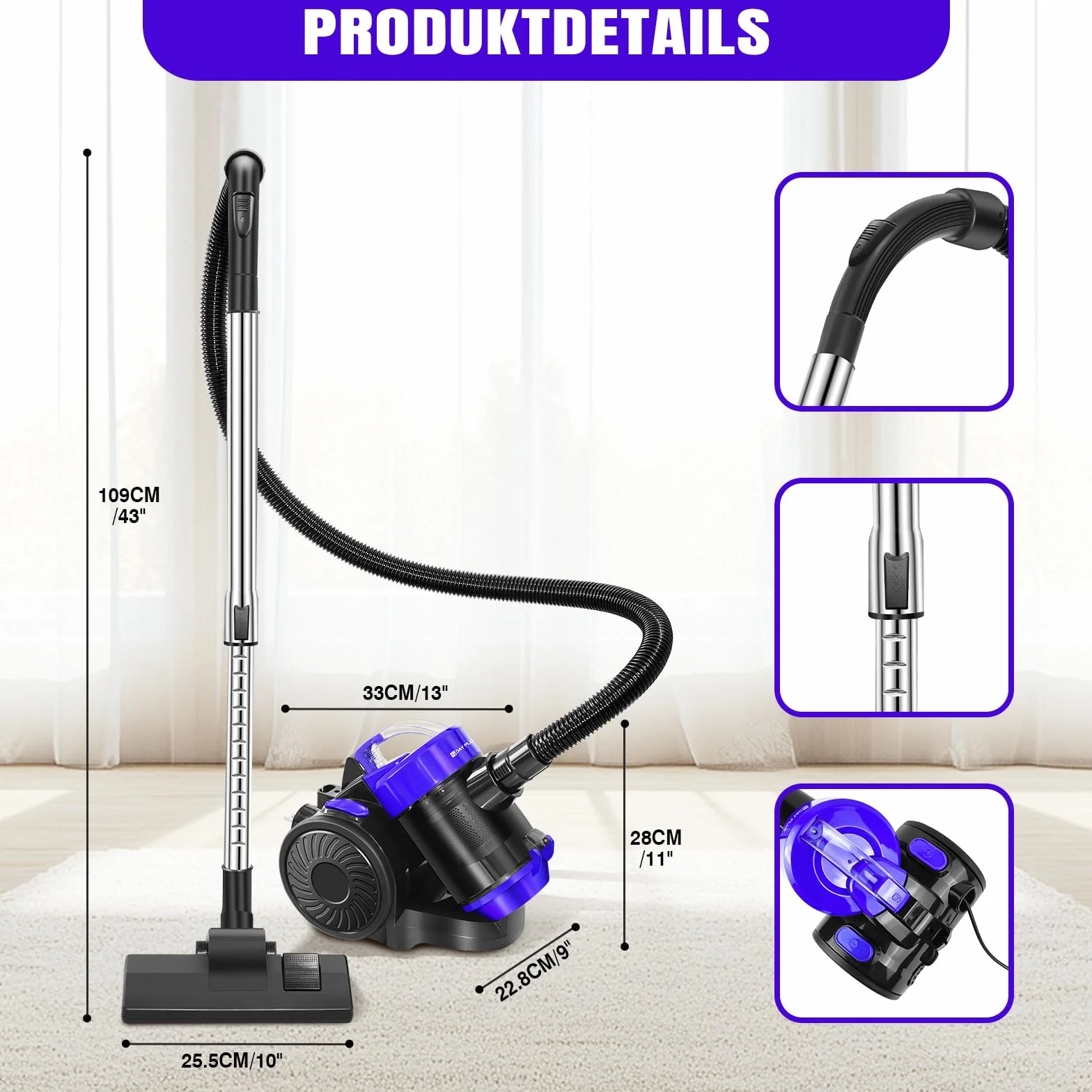 Aspiradora sin bolsa de 1000 W con fuerte fuerza de succión para pelo de animales, aspiradora sin bolsa, cable automático y accesorios para suelos, alfombras, tapicería