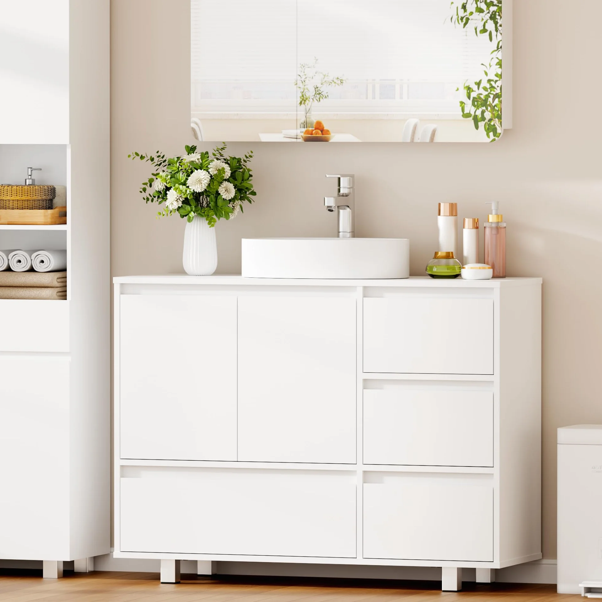 ANWBROAD Mueble Bajo Lavabo, 4 Cajones, 2 Puertas, Armario de Baño con Patas, Moderno,90 x 30 x 64,5 cm, Blanco SSC002W