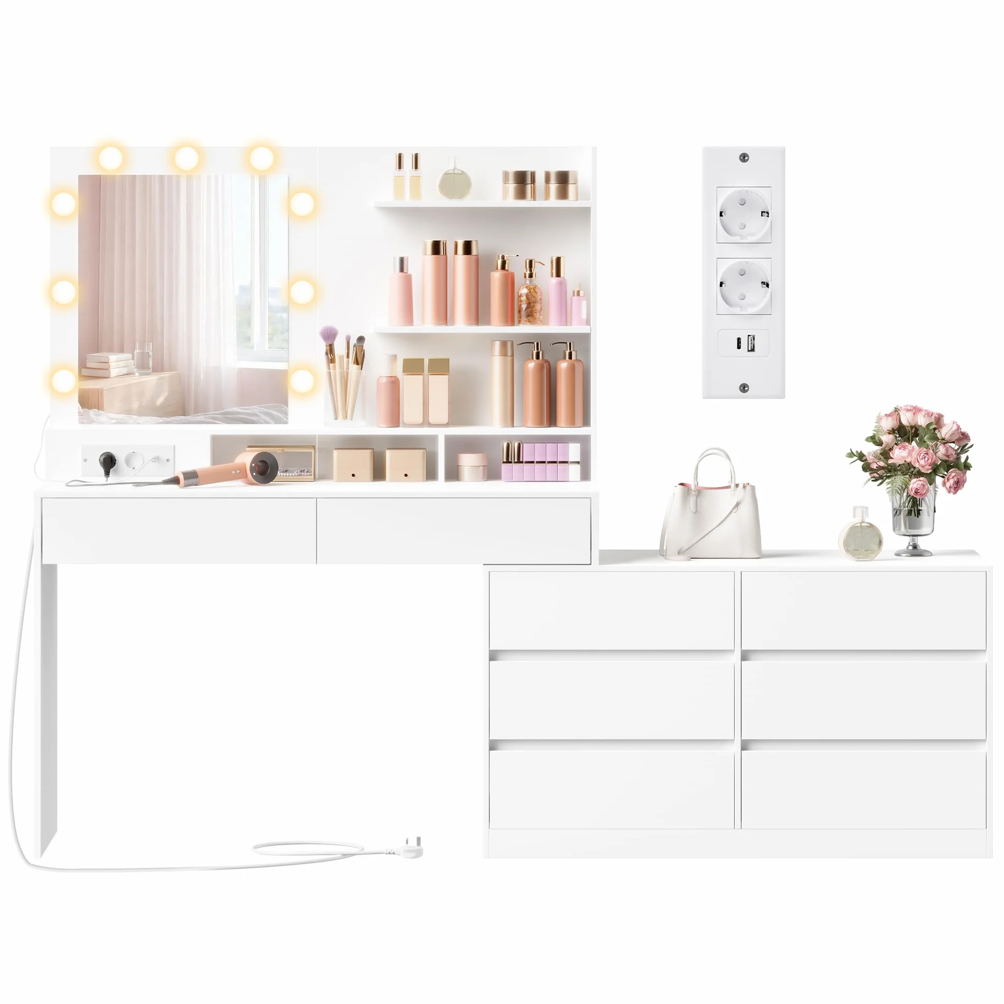 VASAGLE Kailyn Colección - Tocador con Espejo LED y Regleta, 9 Bombillas, 8 Cajones, 3 Estantes, Iluminación de 3 Colores, Modular en Línea o en L, Mesa de Maquillaje, Blanco Nube RDT140WB01